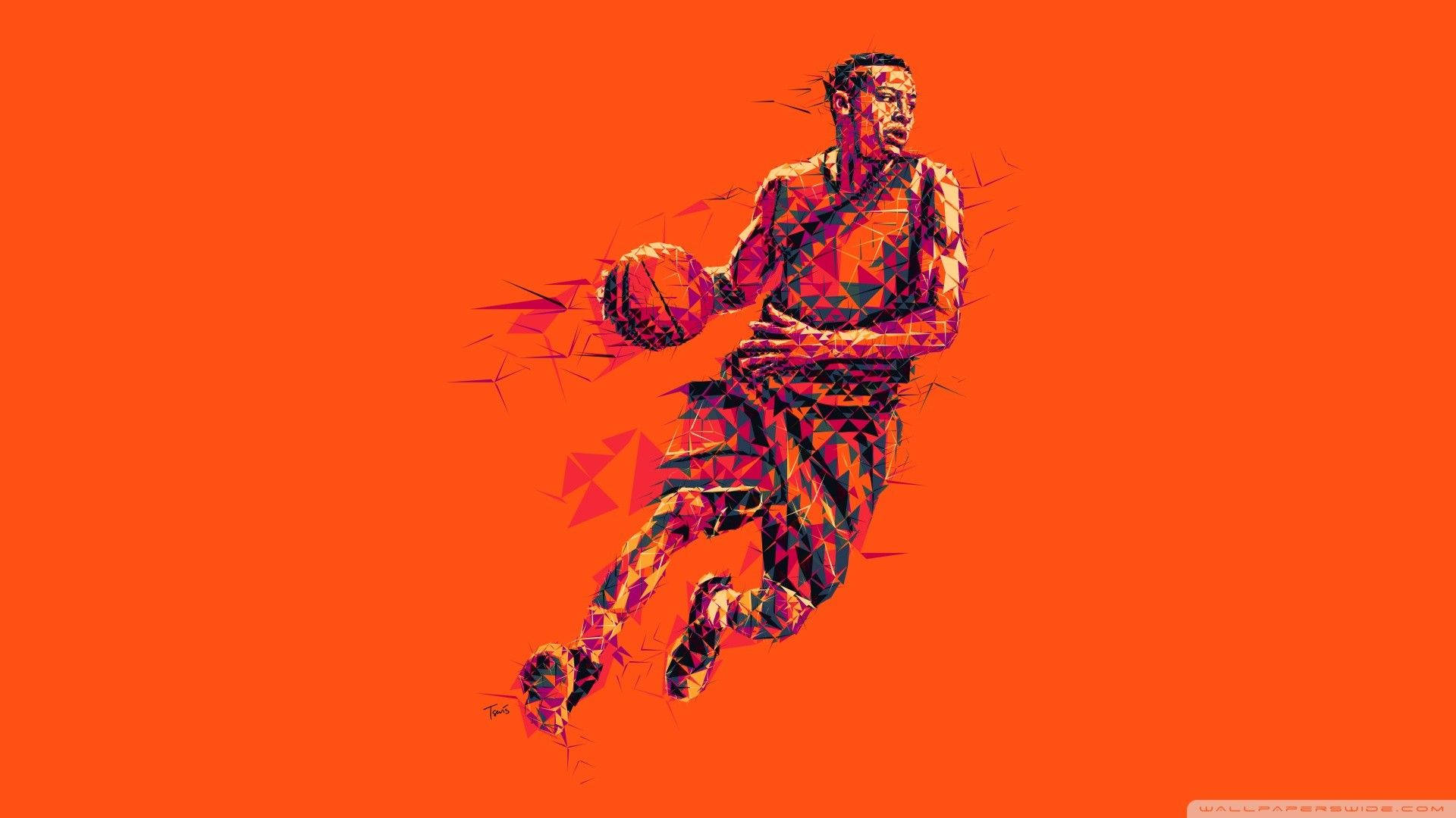  壁紙 — 一個動態的籃球運動員在運動中，以大膽的幾何三角形呈現在純橙色背景上。