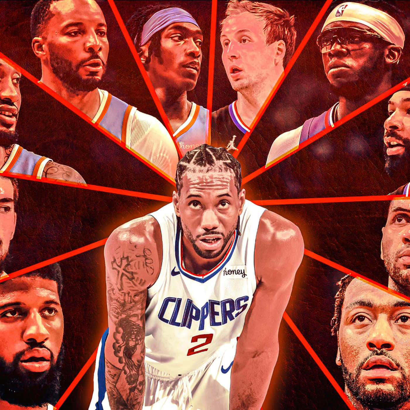 NBA 桌布 壁紙 — 一個動態的籃球運動員拼貼畫，紅色幾何線條匯聚於中央的快艇隊球員，散發出強烈的氣勢。