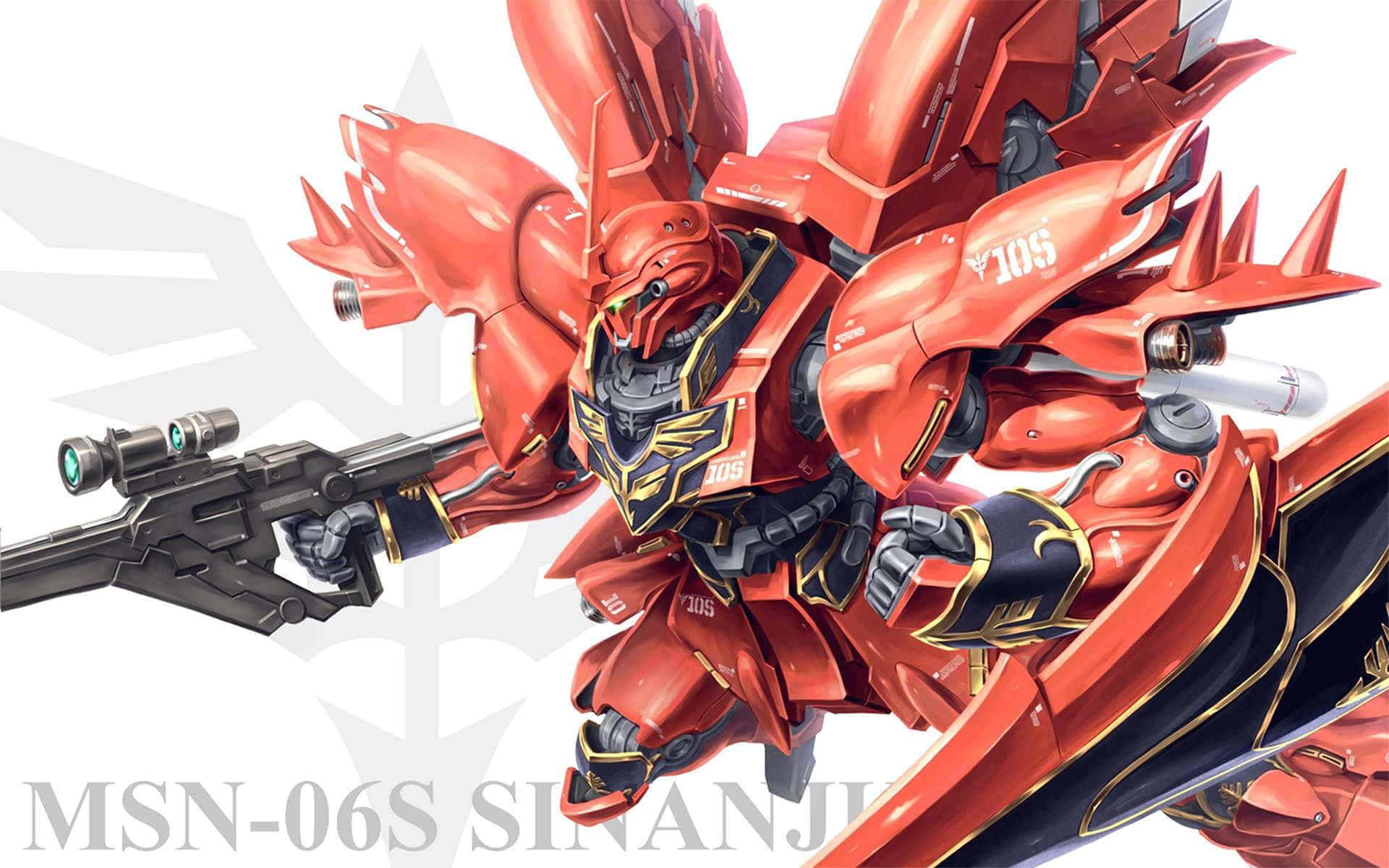 Gundam Unicorn 桌布 壁紙 — 一個動態的紅色和金色機動戰士，配備翅膀和步槍，準備在純白色背景上戰鬥。