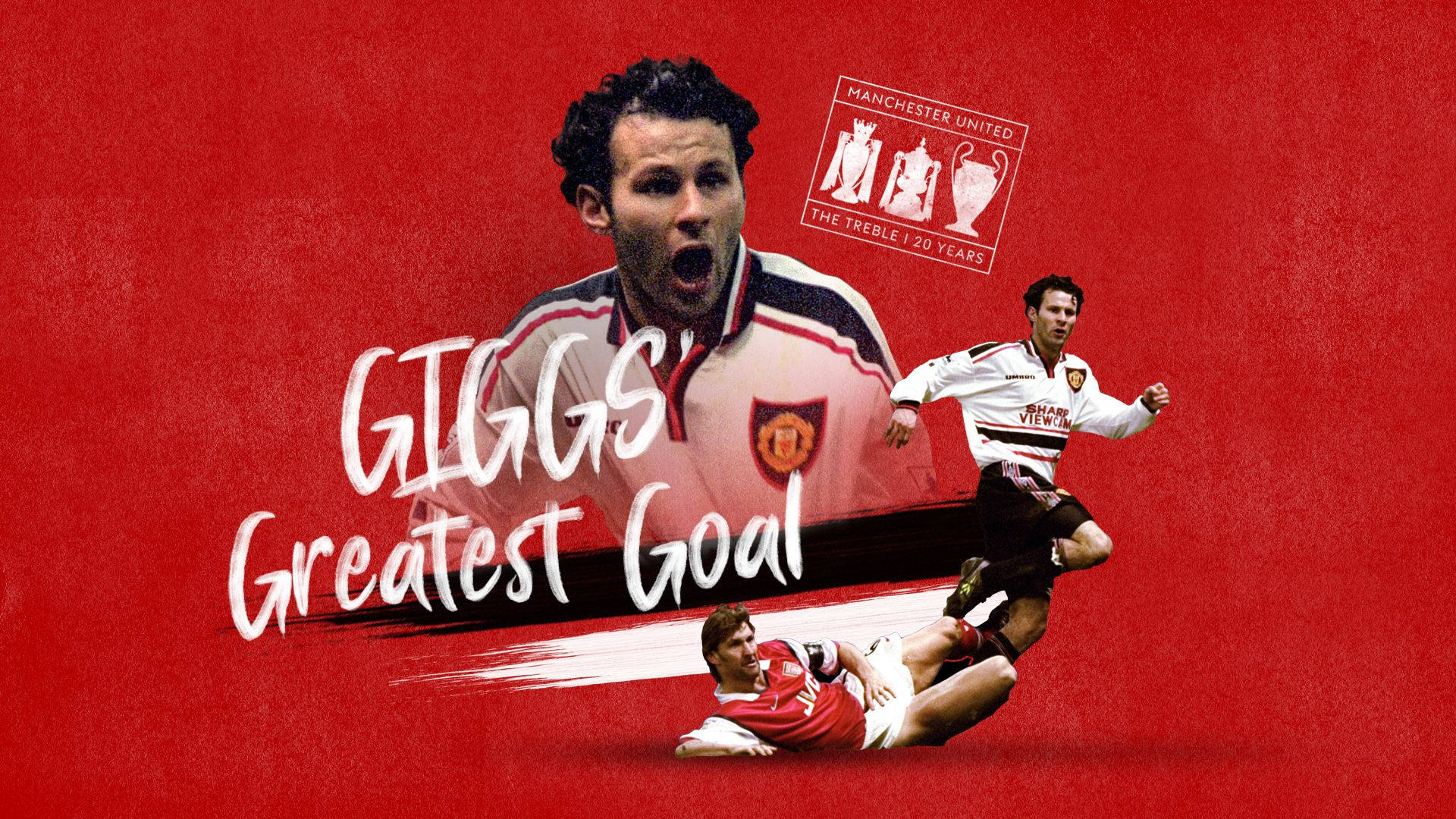 Ryan Giggs 桌布 壁紙 — 一個動態的紅色背景展示了瑞恩·吉格斯與一位正在行動的隊友和另一位倒下的球員慶祝他最偉大的進球。