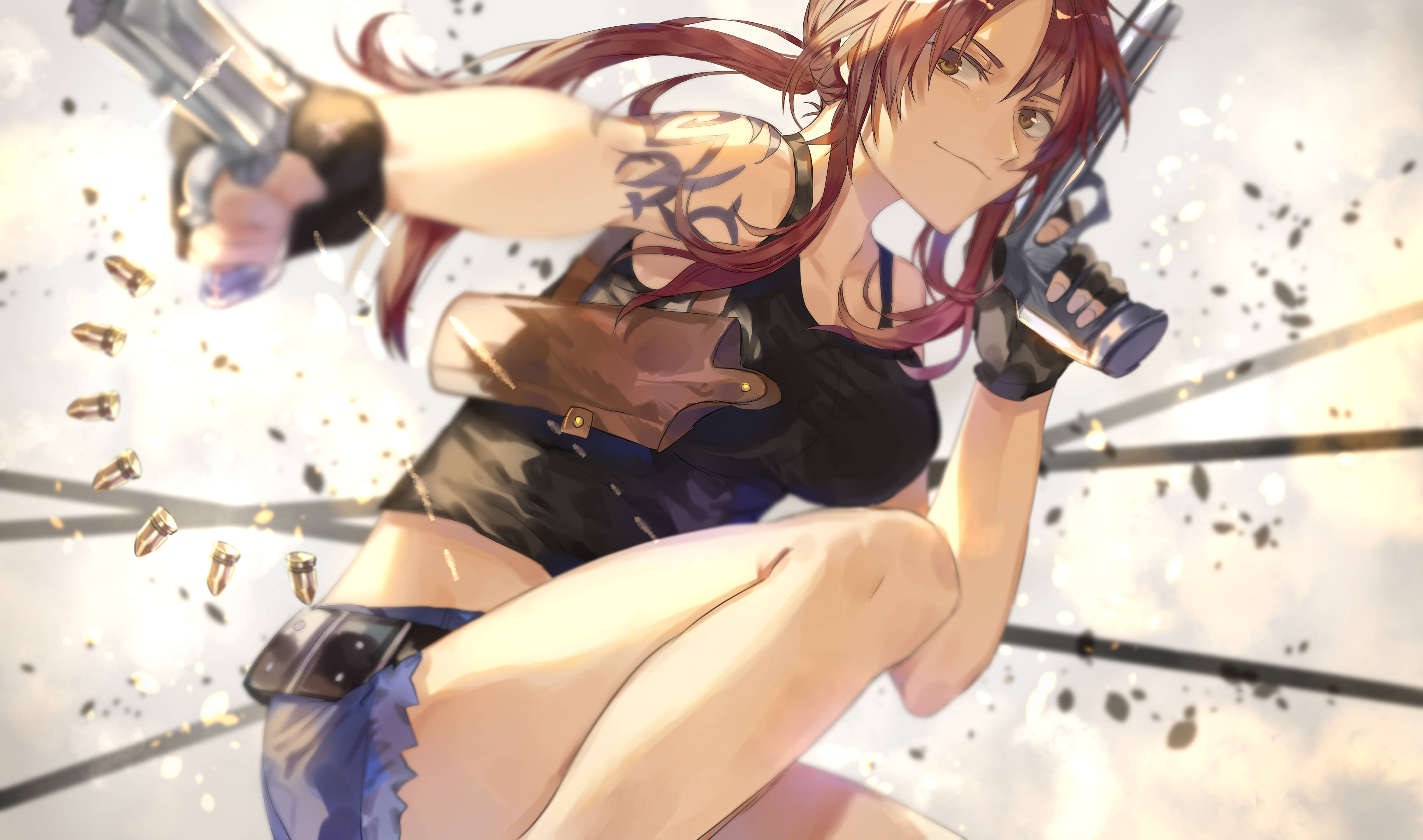 revy 桌布 壁紙 — 一個動態的紅髮動漫女孩在明亮的動作場景中，子彈飛舞，她雙持手槍射擊。