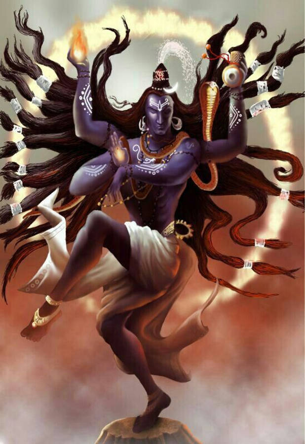 angry shiva 桌布 壁紙 — 一個動態的紫色皮膚神祇，有多隻手臂和飄逸的頭髮，在岩石上跳舞，手持火焰和法螺，背景發光。