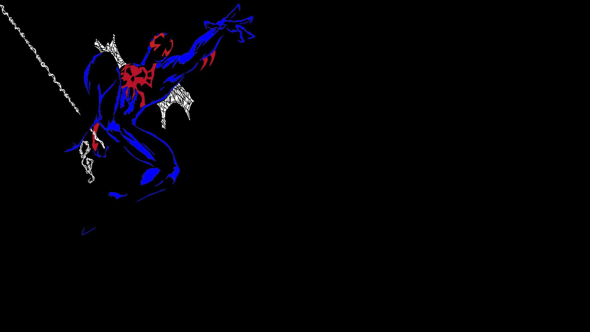 Spider Man 2099 桌布 壁紙 — 一個動態的藍紅蜘蛛英雄在黑暗中擺盪，身後拖著白色的蛛網線。