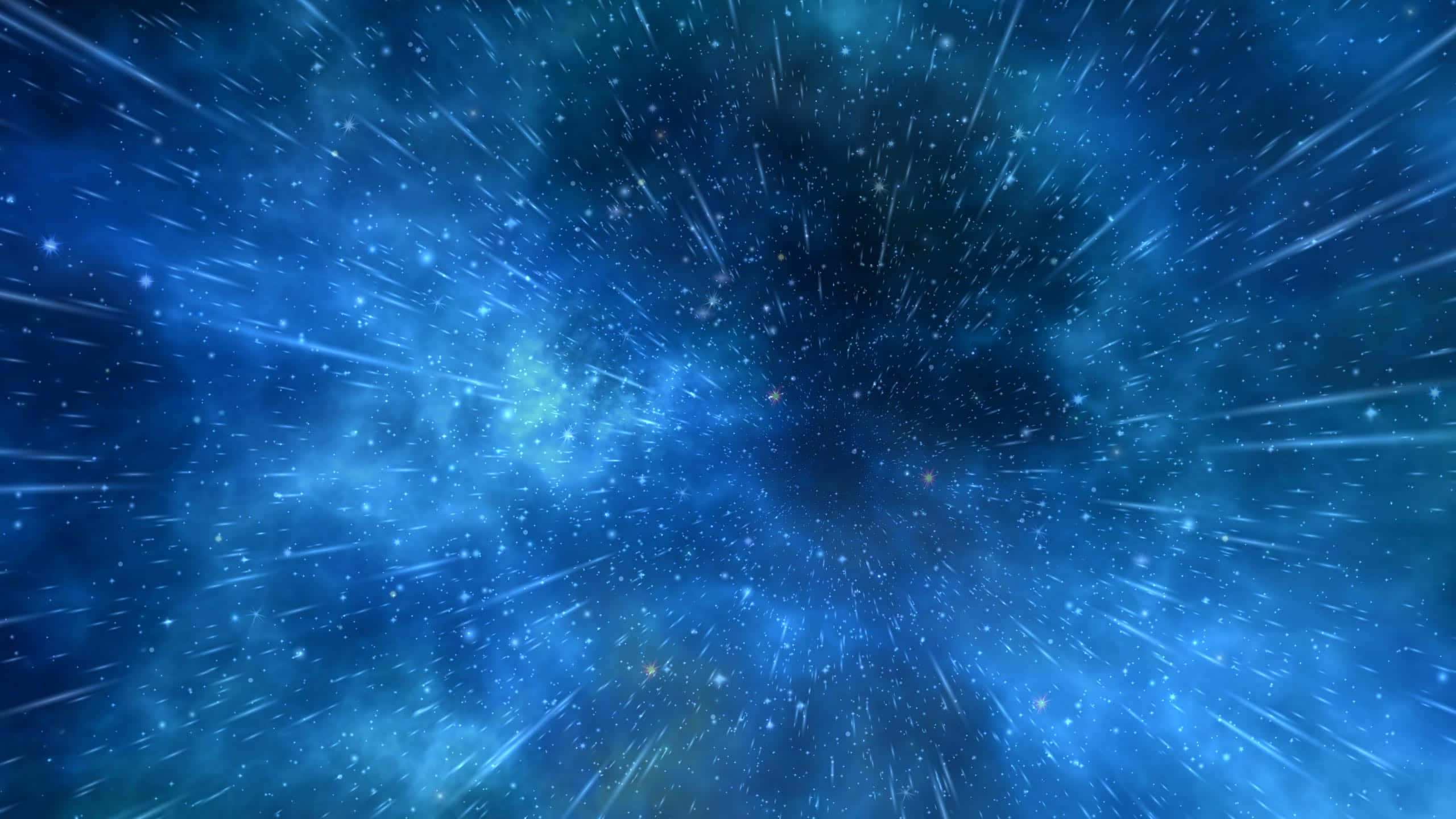宇宙 桌布 壁紙 — 一個動態的藍色宇宙隧道，帶有流星和發光的星雲，衝向黑暗的中心。
