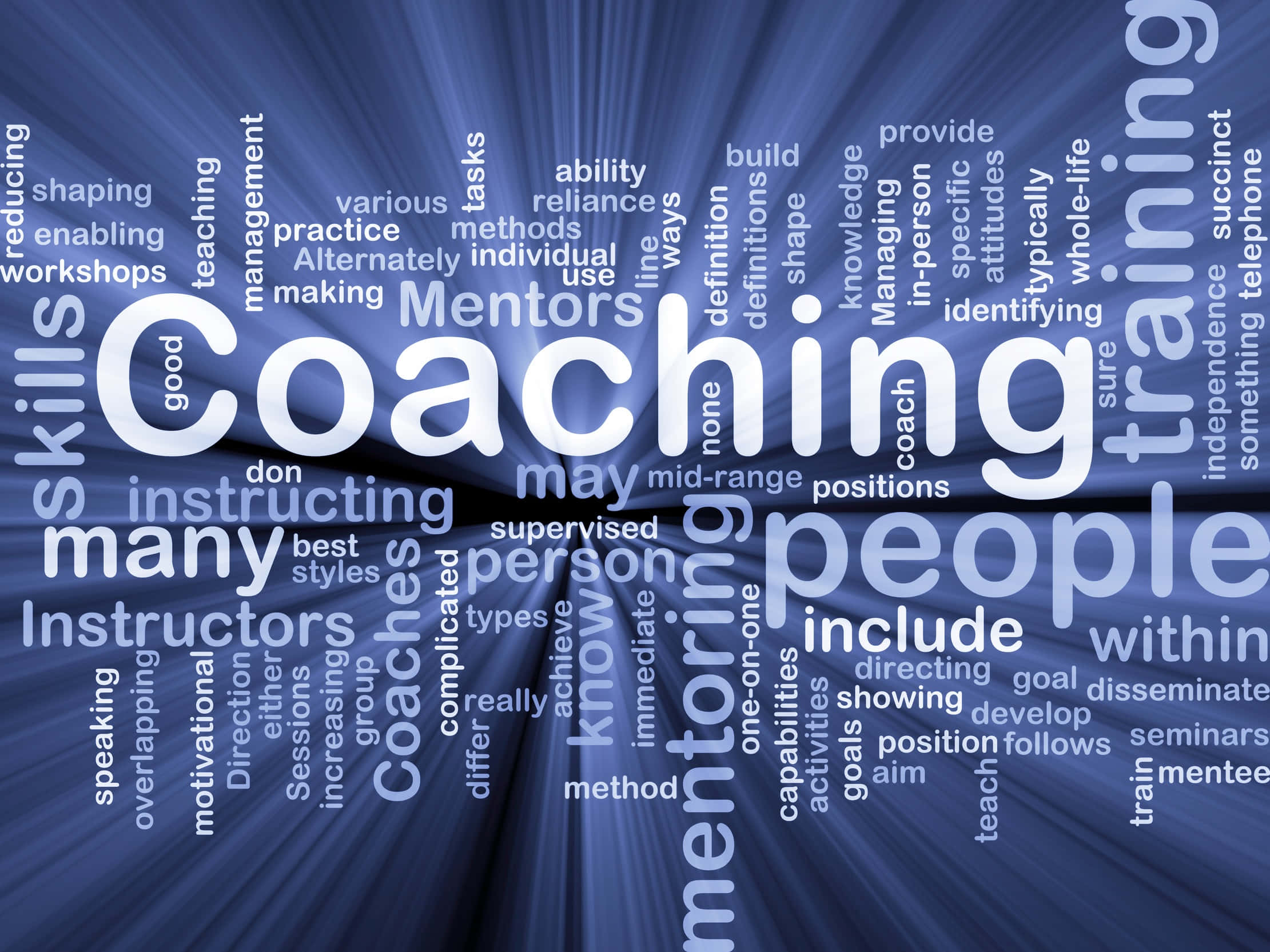 Coach 桌布 壁紙 — 一個動態的藍色放射狀爆發背景，帶有與教練、指導和培訓相關的白色文字詞語。