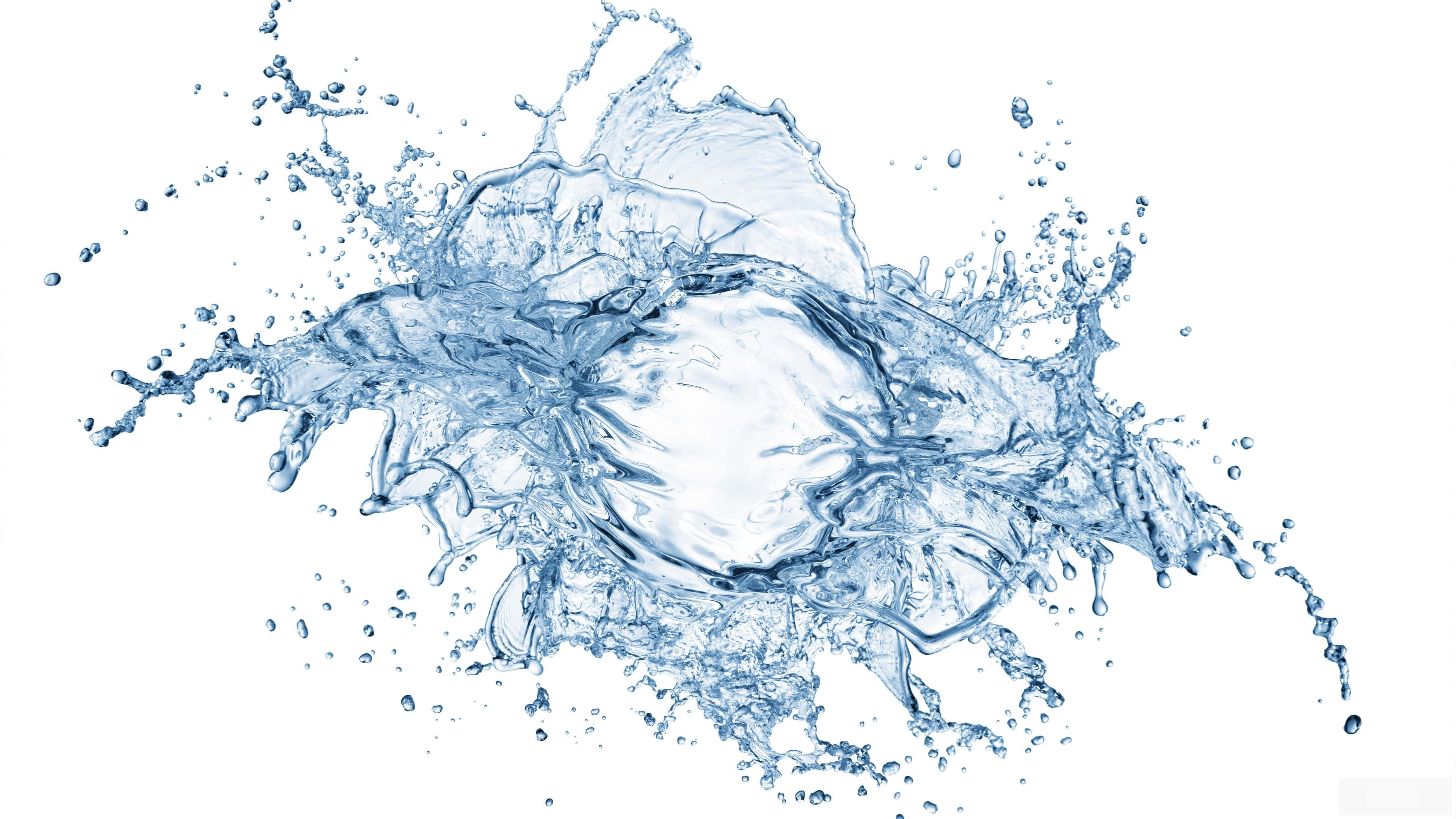 Splash 桌布 壁紙 — 一個動態的藍色水花在空中凝固，背景是純白色。