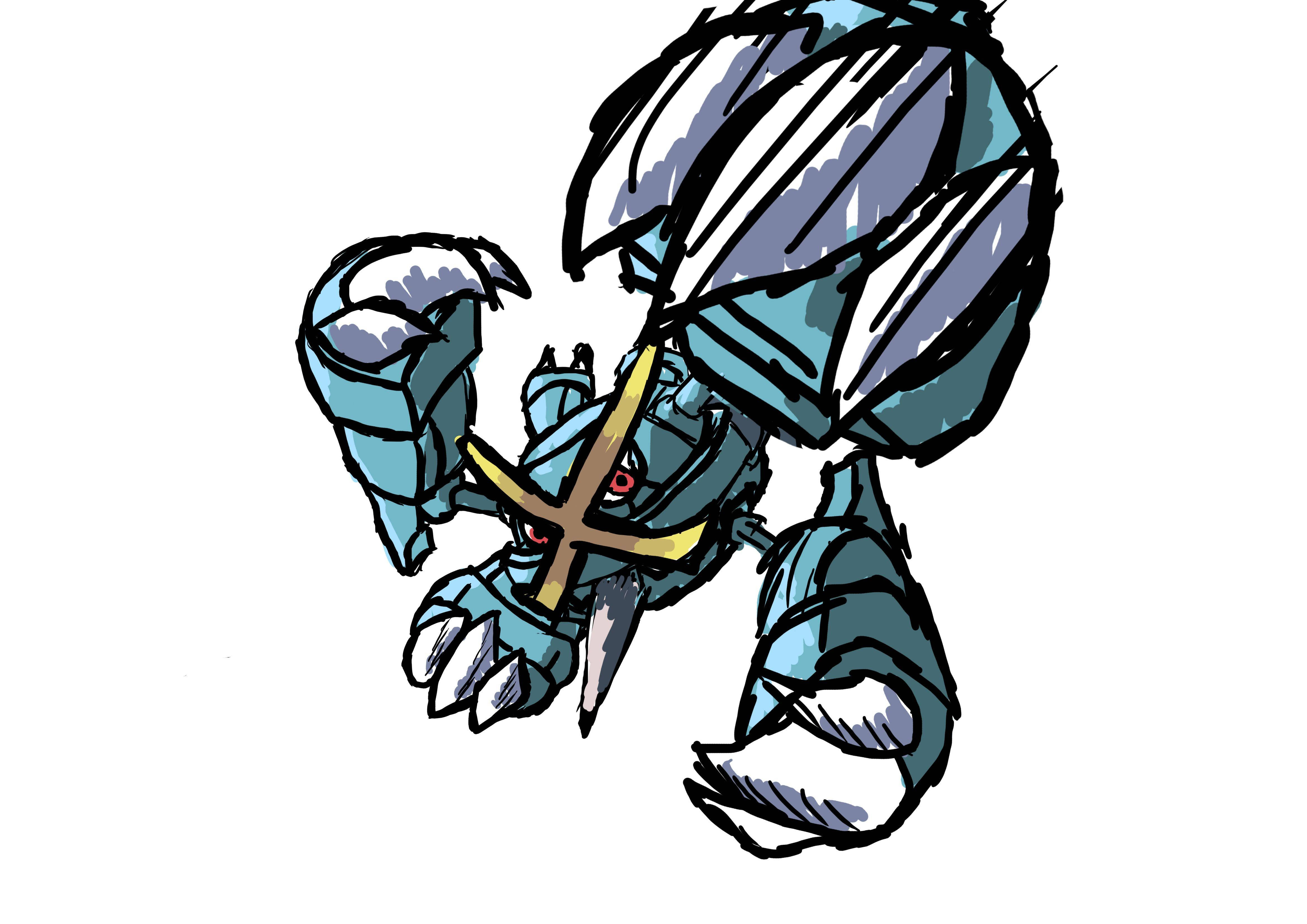 Metagross 桌布 壁紙 — 一個動態的藍色裝甲生物，有著紅色眼睛和金色十字架標誌，在草圖風格的數位插圖中向前衝刺。