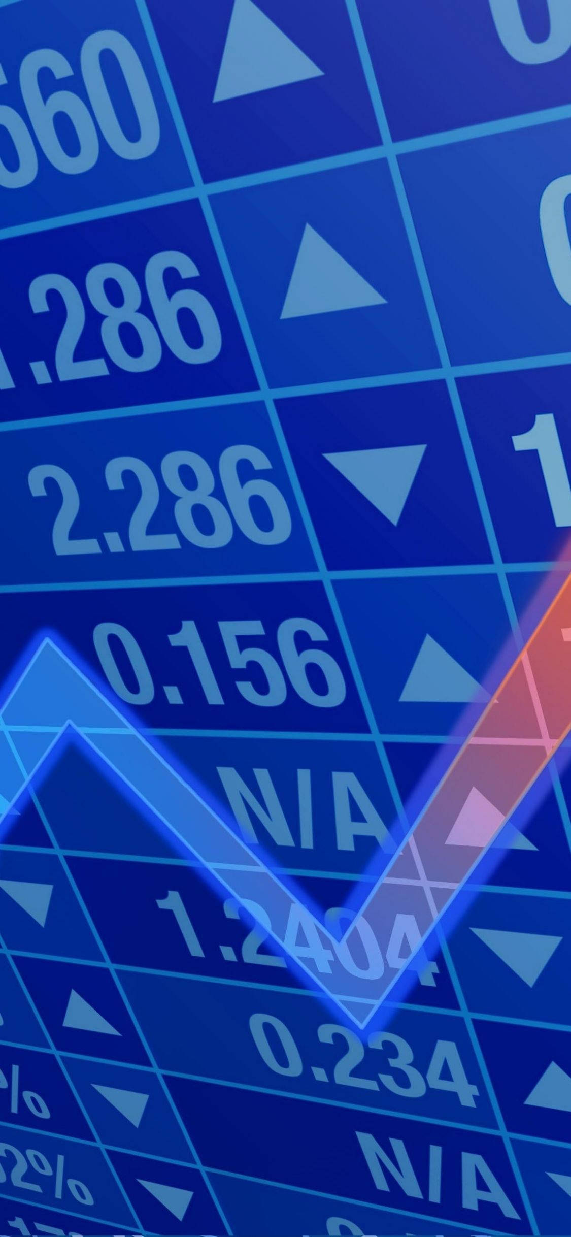 Market 桌布 壁紙 — 一個動態的藍色金融儀表板，以箭頭和發光的上升趨勢線顯示上升和下跌的股票數字。