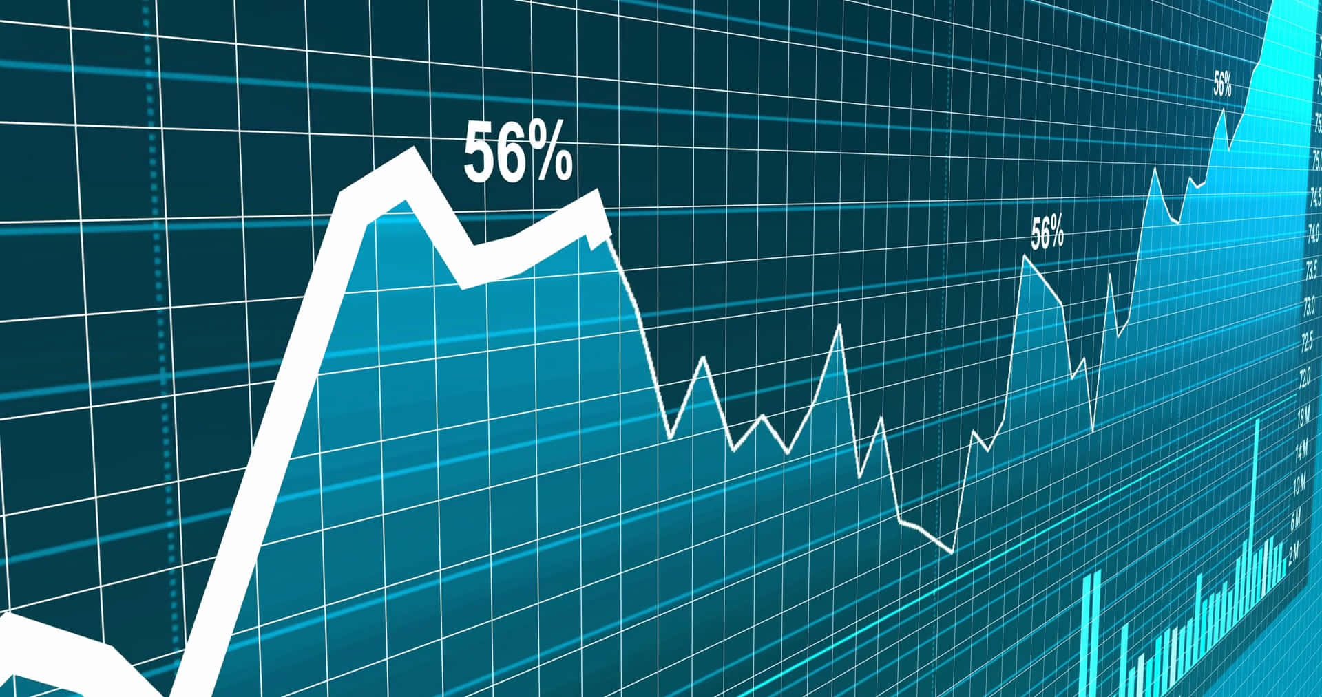 數位金融圖表，在藍色網格背景上以白色線條顯示56%的增長。 — 股市 壁紙