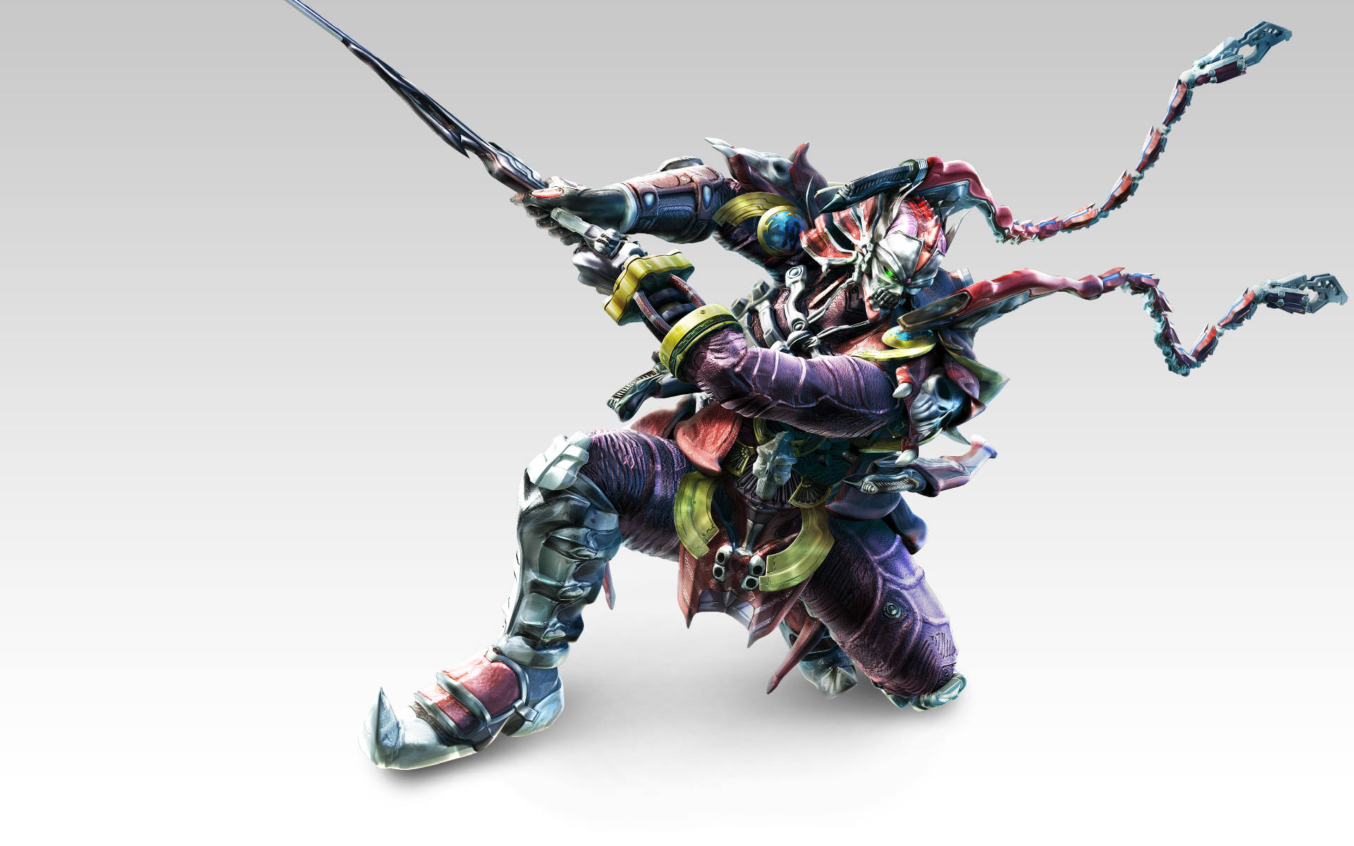 Tekken 桌布 壁紙 — 一個動態的裝甲戰士，身穿紫色和金色的盔甲，在純白色背景前揮舞長劍和鏈條武器。