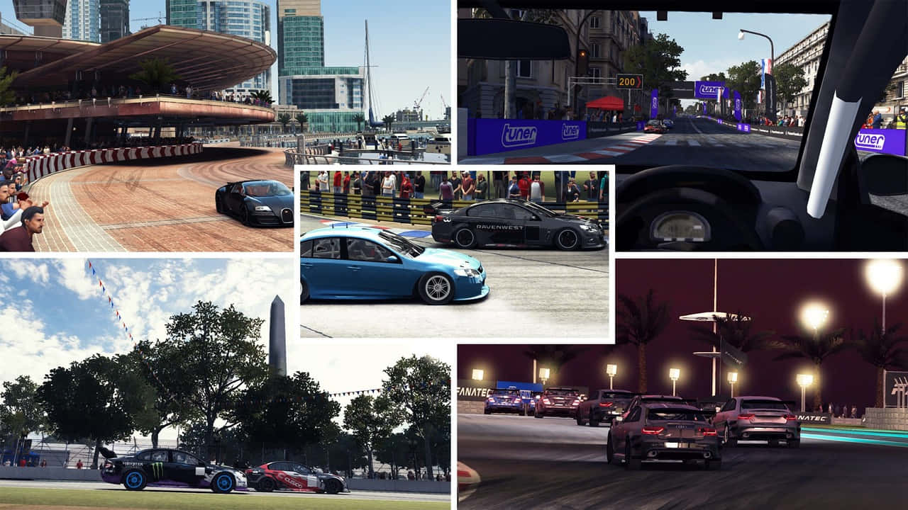 720p Grid Autosport 桌布 壁紙 — 一個動態的賽車場景拼貼，以時尚的汽車在城市和賽道電路上，在明亮的日光和發光的夜燈下。