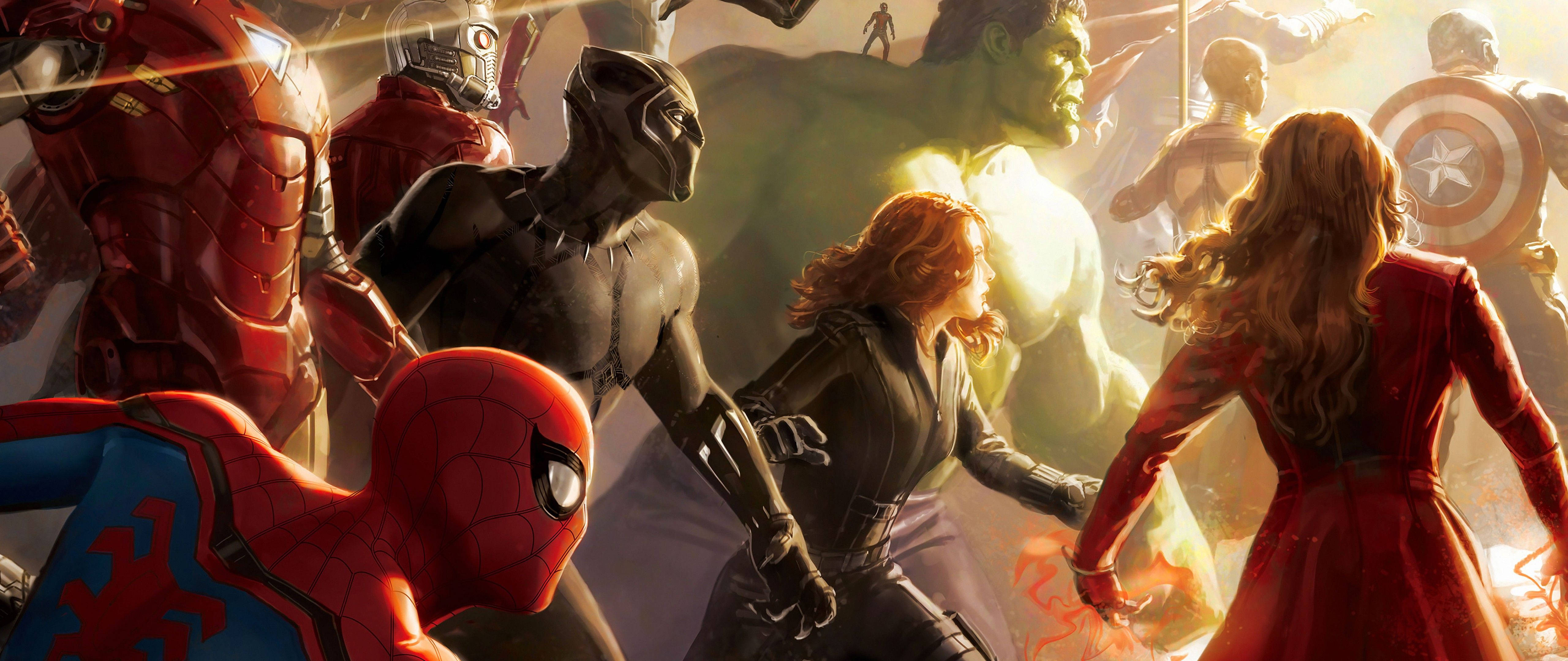 復仇者聯盟 桌布 壁紙 — 一個動態的超級英雄團隊戰鬥場景， featuring Spider-Man Black Panther Hulk 和 Scarlet Witch 在充滿活力的動作中。