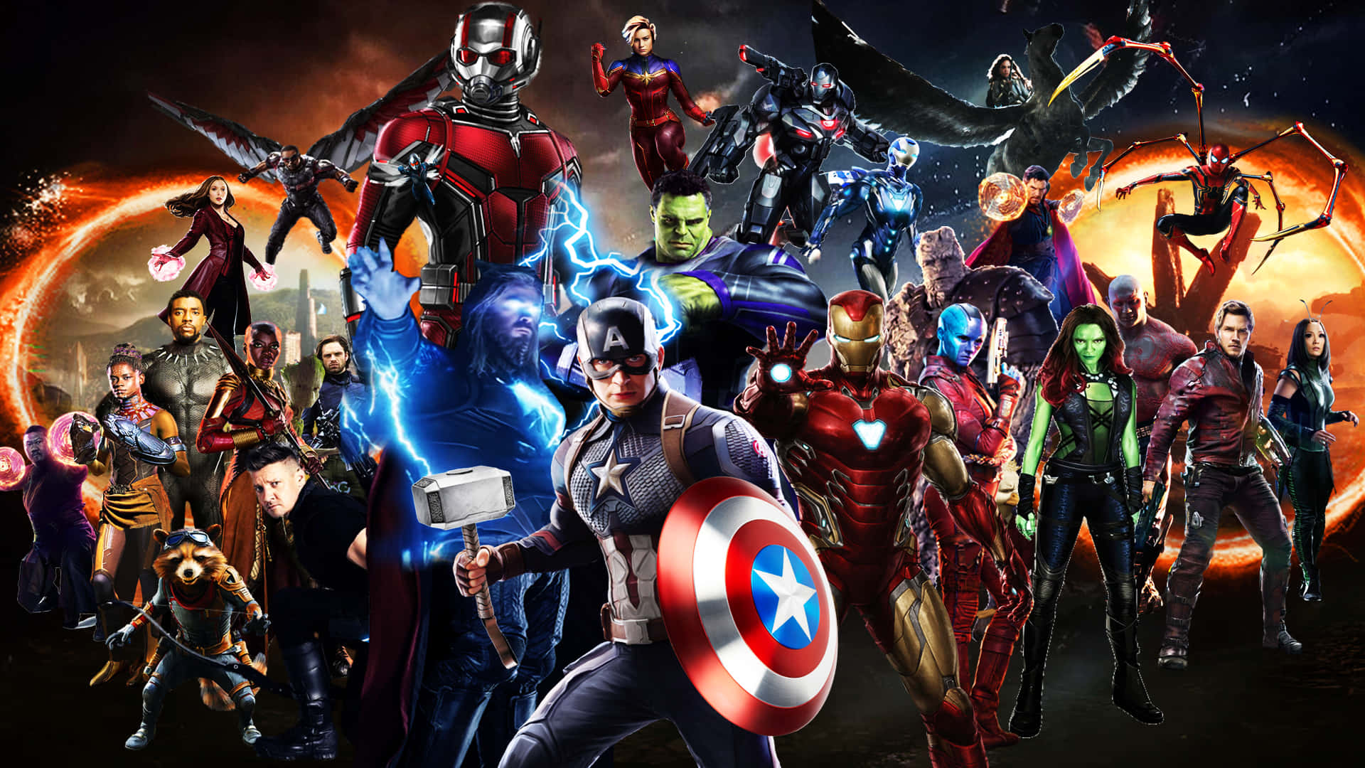 Endgame 桌布 壁紙 — 一個動態的超級英雄組合，包括美國隊長、索爾、鋼鐵人等，以英雄姿態站在熾熱的宇宙背景前。