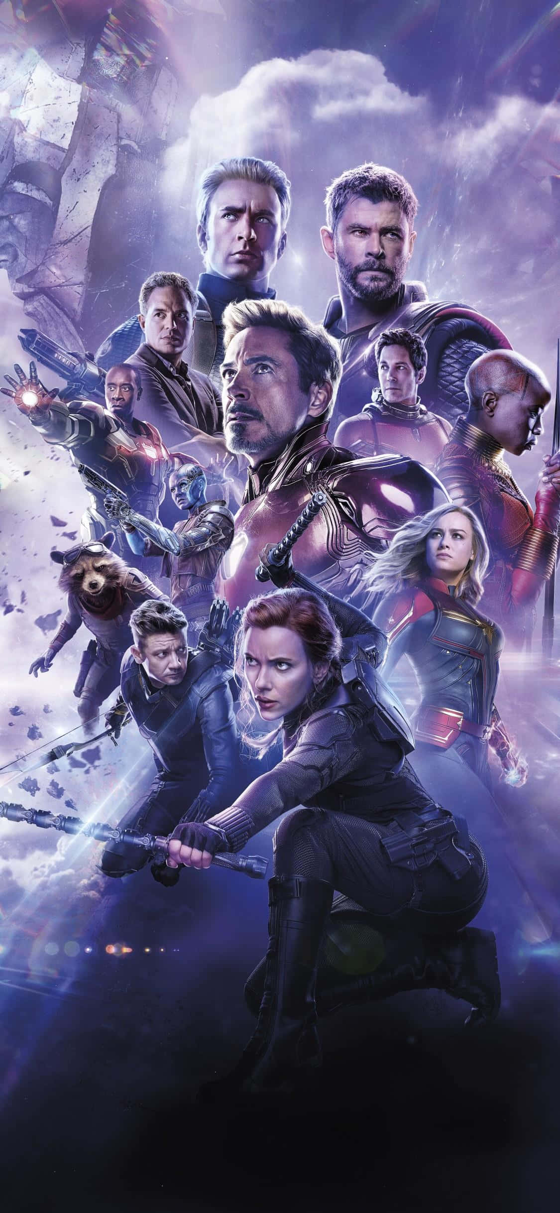 iPhone Xs Marvel's Avengers 桌布 壁紙 — 一個動態的超級英雄組合在宇宙風暴背景下以發光能量效果英勇地擺出姿勢。