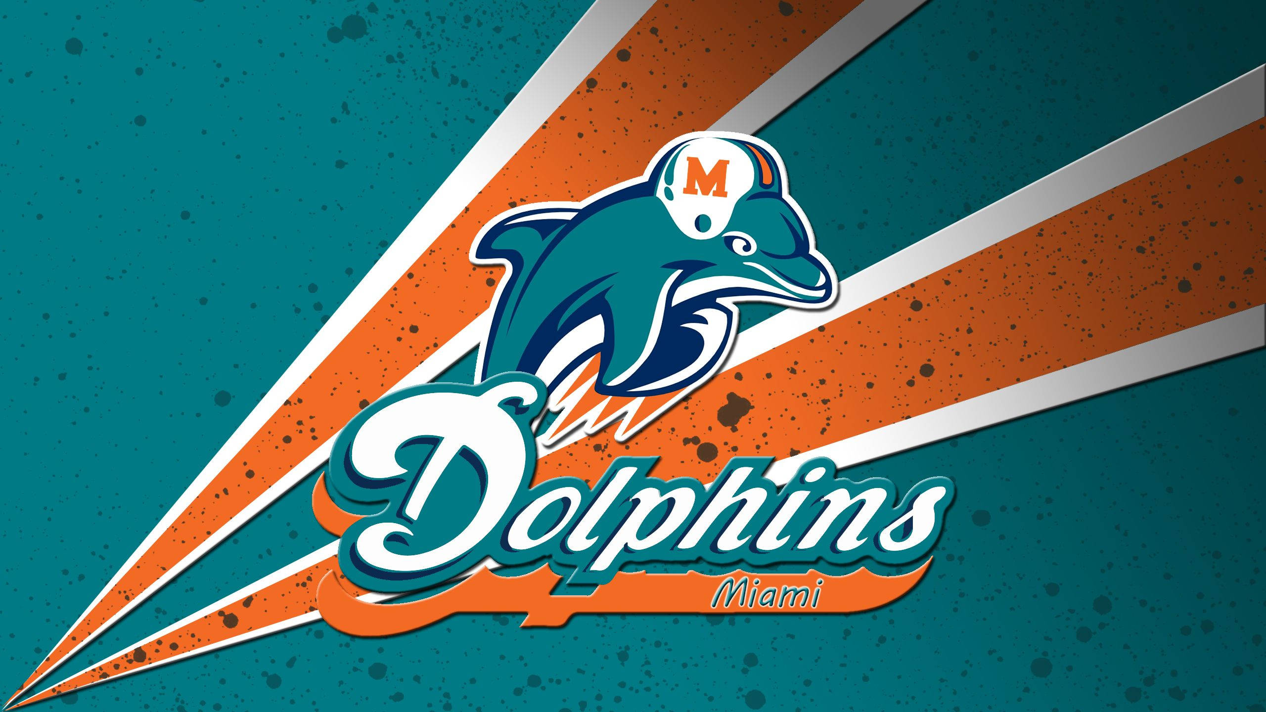 dolphins 桌布 壁紙 — 一個動態的邁阿密海豚隊標誌，有一隻跳躍的海豚和鮮明的橙色藍綠色條紋在斑點背景上。