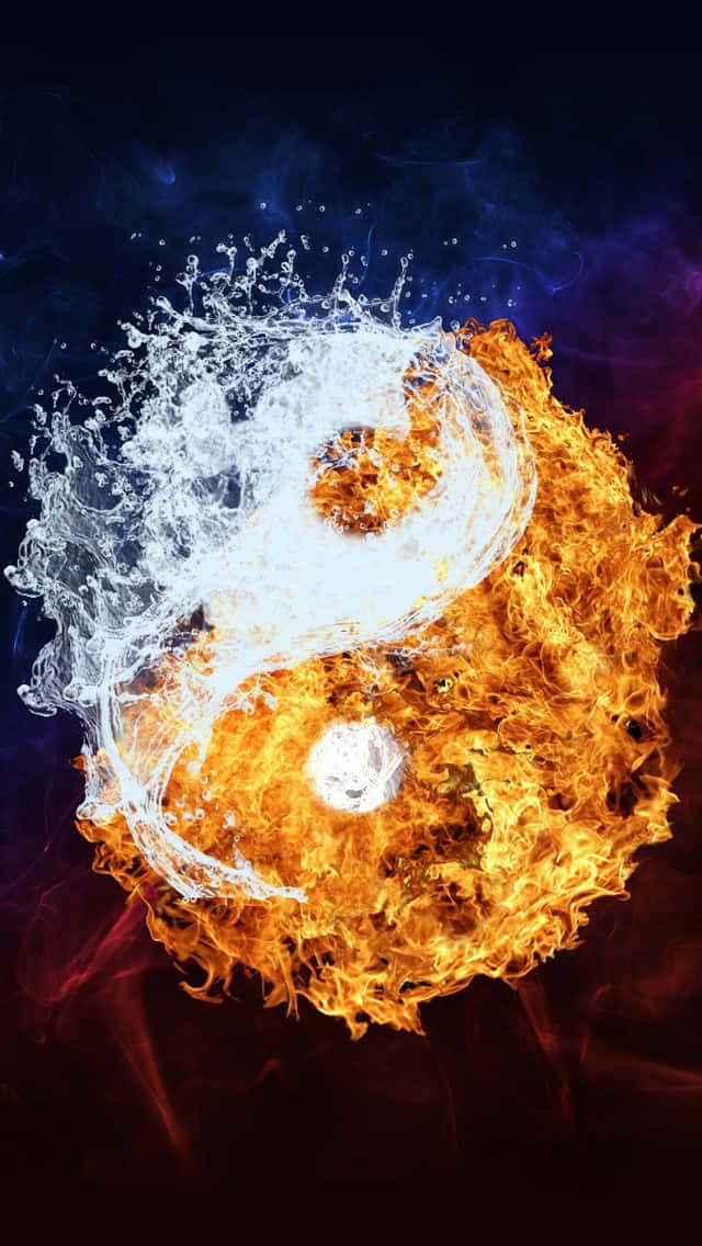 桌布 壁紙 — 一個動態的陰陽符號，帶有熾熱的橙色火焰和飛濺的白色水花，背景是黑暗煙霧繚繞。