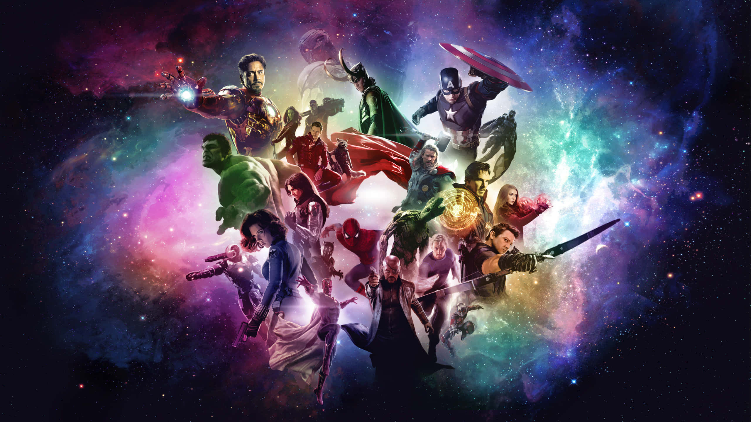 Mcu 桌布 壁紙 — 一個動態的集合，超級英雄和反派以英雄姿態擺出姿勢，背景是充滿活力的宇宙星雲。