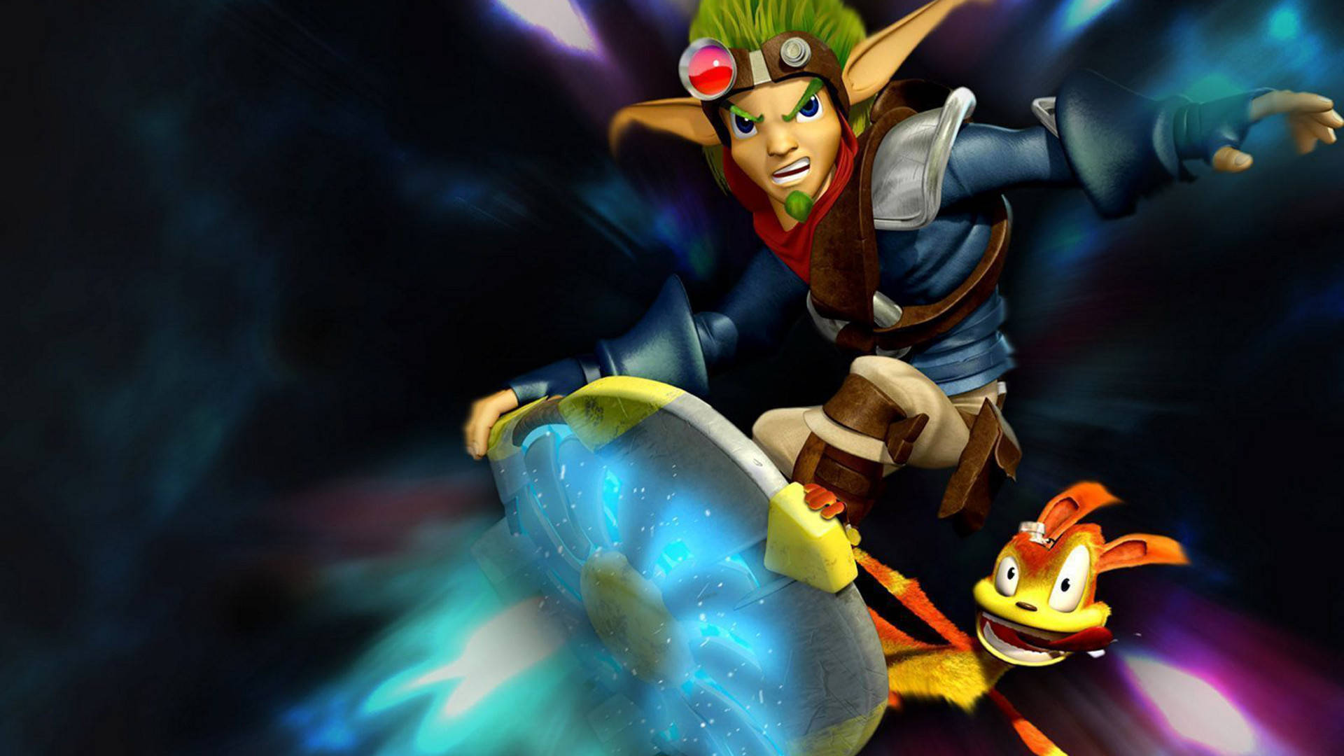 jak 2 桌布 壁紙 — 一個動態的電子遊戲角色，綠色頭髮和護目鏡，騎著發光的藍色車輛穿過宇宙隧道，旁邊有一隻小橙色生物。