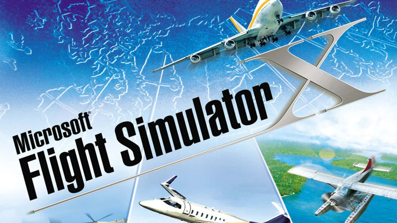 Aircraft 桌布 壁紙 — 一個動態的飛行模擬器封面，多架飛機在風格化的世界地圖上翱翔，伴隨著充滿活力的藍天。