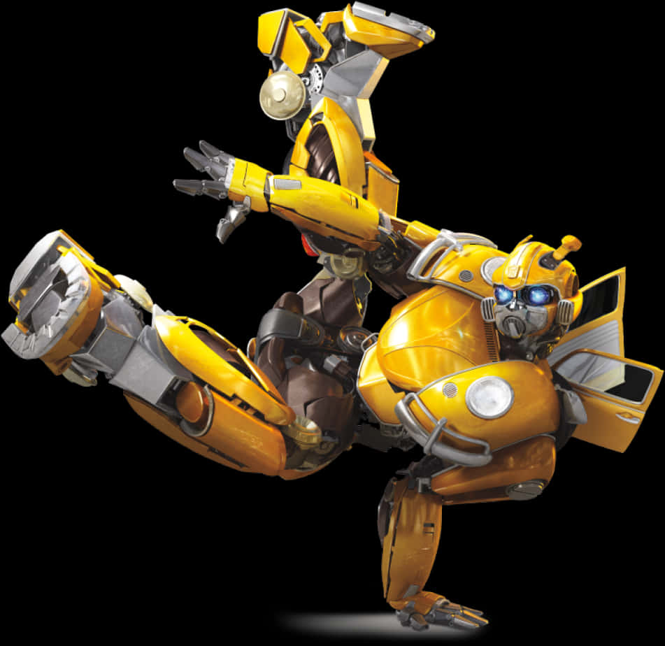 Transformers Bumblebee 桌布 壁紙 — 一個動態的黃色機器人，擁有發光的藍色眼睛，在黑色背景前擺出強而有力的空中姿勢。