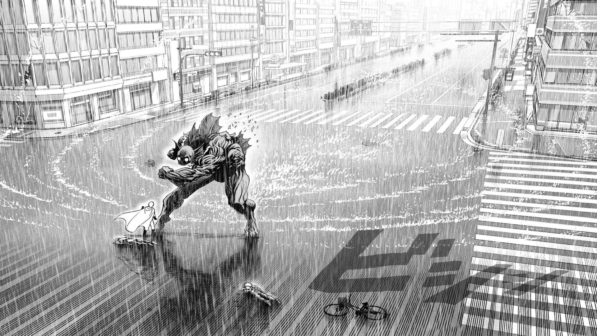 動漫英雄在雨中的城市街道上戰鬥，可見腳踏車和斑馬線。 — 一拳超人 GIF 壁紙