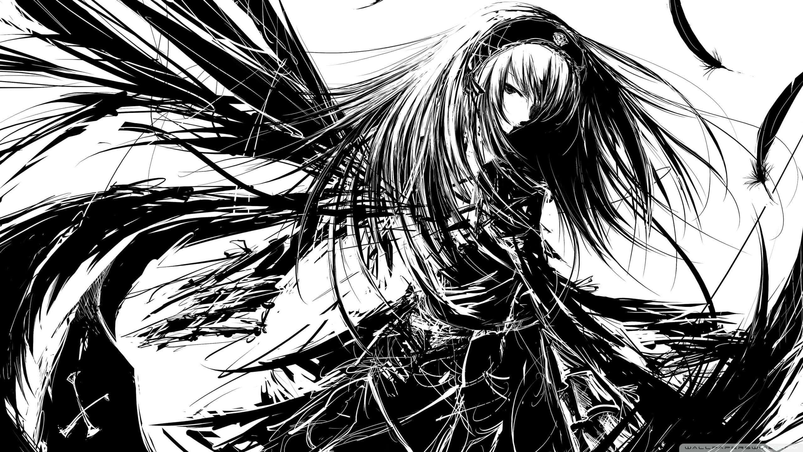anime black and white 桌布 壁紙 — 一個動態的黑白動漫女孩，長髮和翅膀在運動中，周圍環繞著旋轉的線條和羽毛。
