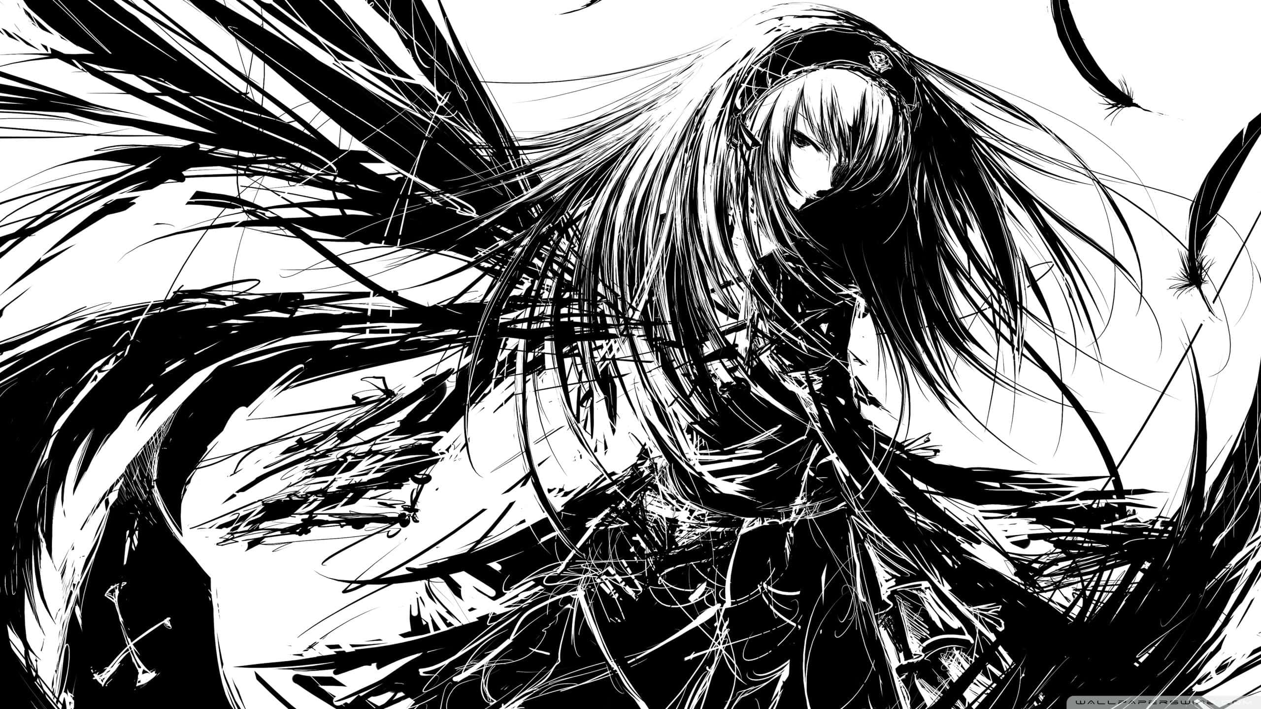 Manga Pages 桌布 壁紙 — 一個動態的黑白動漫女孩，長髮和翅膀在運動中，被旋轉的線條包圍。