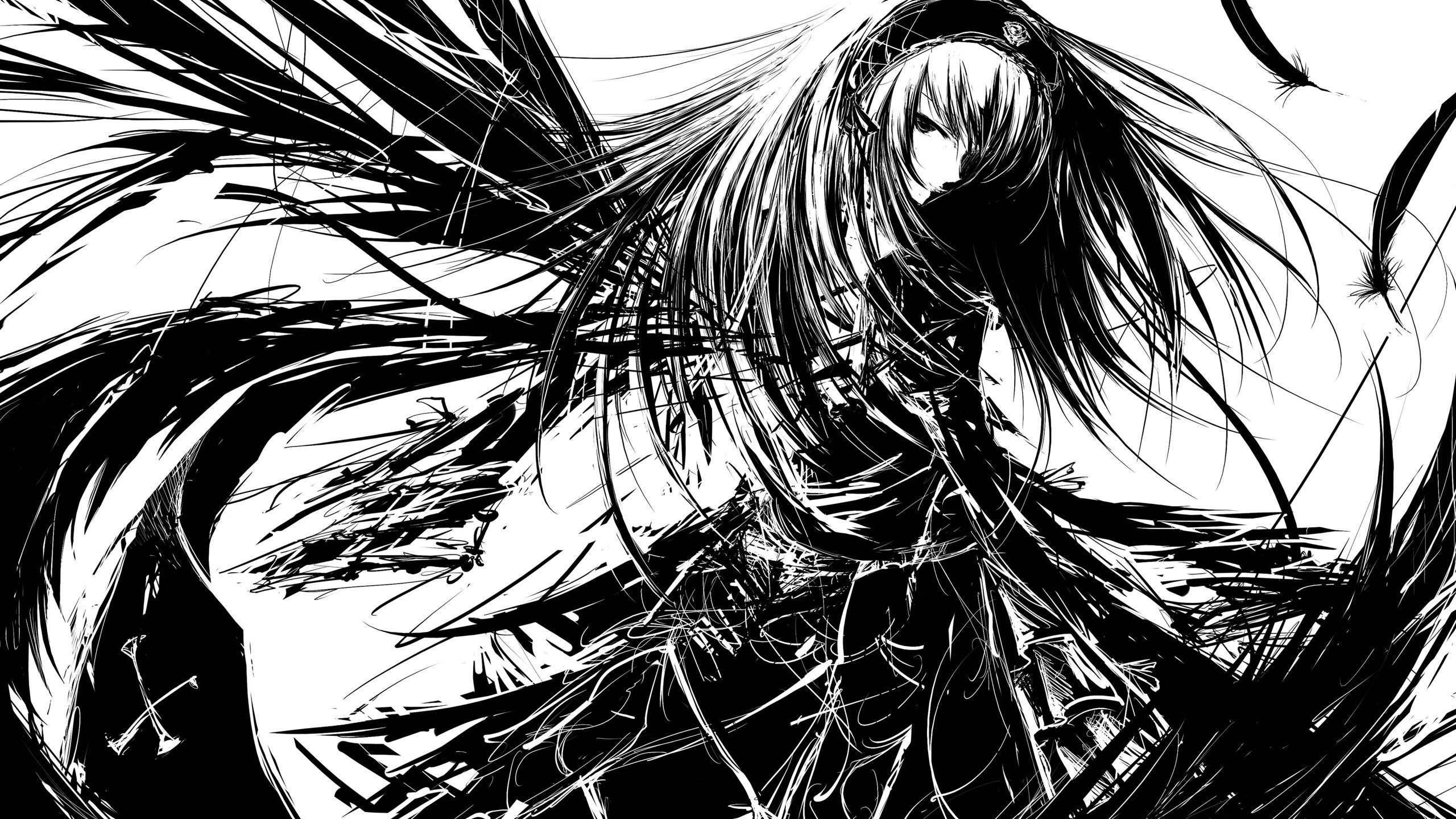 Edgy 桌布 壁紙 — 一個動態的黑白動漫女孩，長髮有翼，置身於旋轉混亂的線條之中。