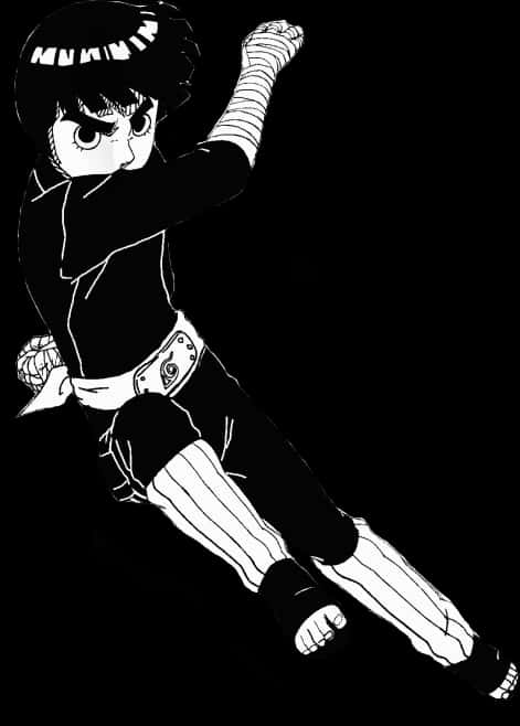 動漫男孩 桌布 壁紙 — 一個動態的黑白動漫忍者，在純黑背景下進行空中攻擊。