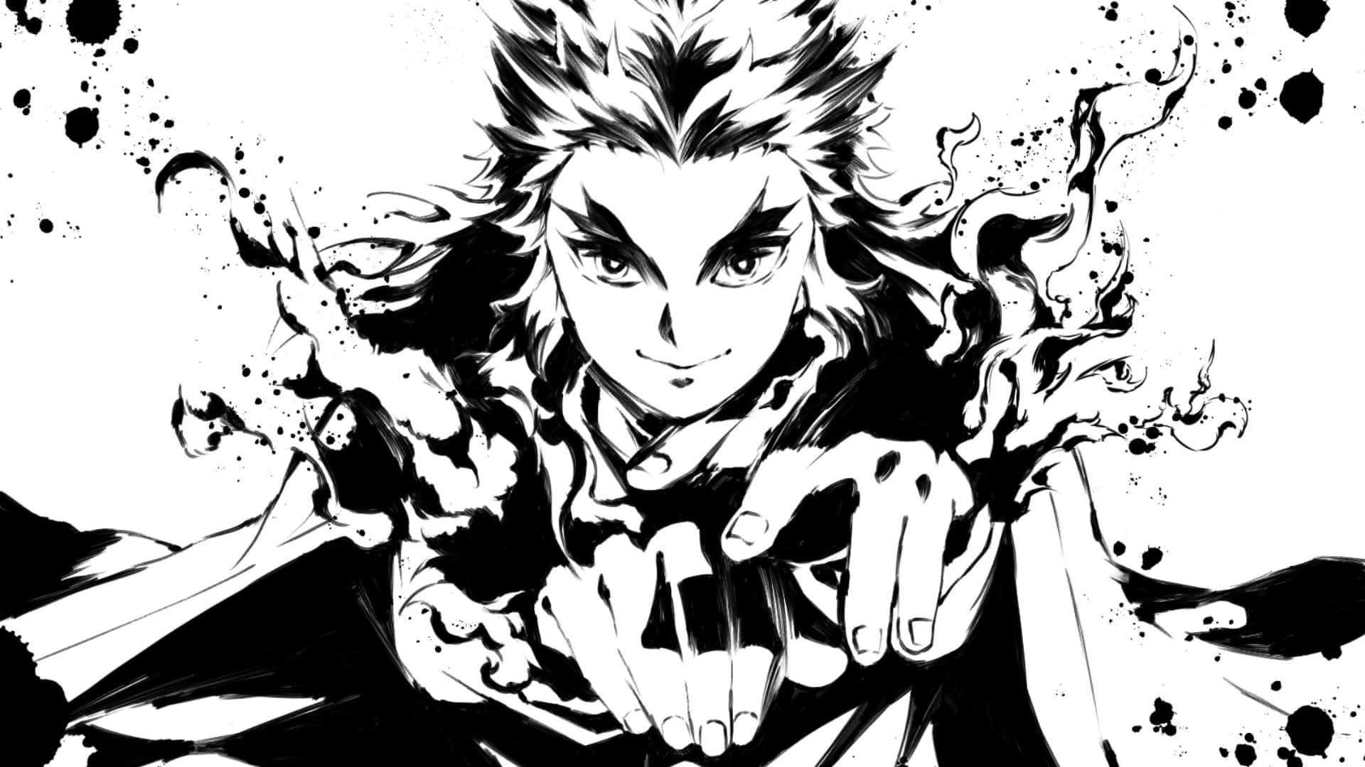 anime black and white 桌布 壁紙 — 一個動態的黑白動漫戰士，有著尖刺頭髮和銳利的眼神，在旋轉的墨水飛濺中向前伸出手。