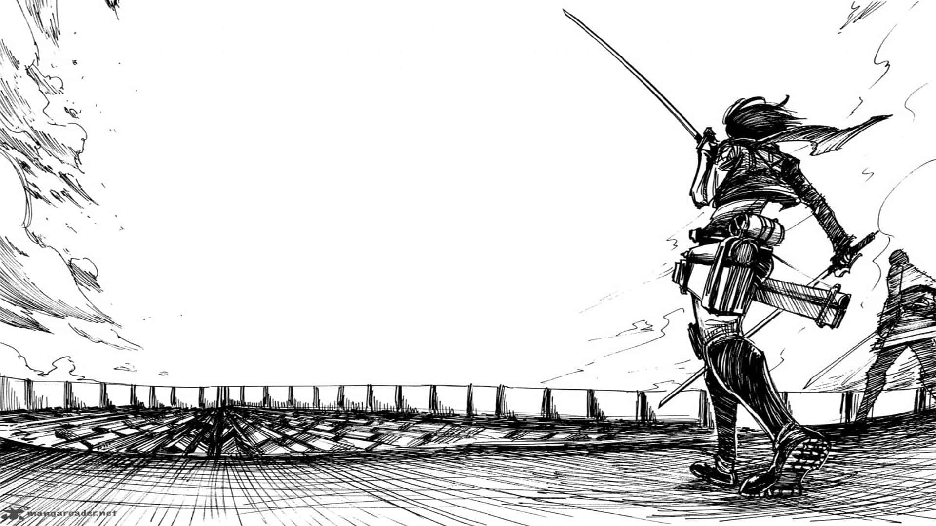 Manga Pages 桌布 壁紙 — 一個動態的黑白動漫戰士，舉劍向前邁進，背景是鮮明的地平線。