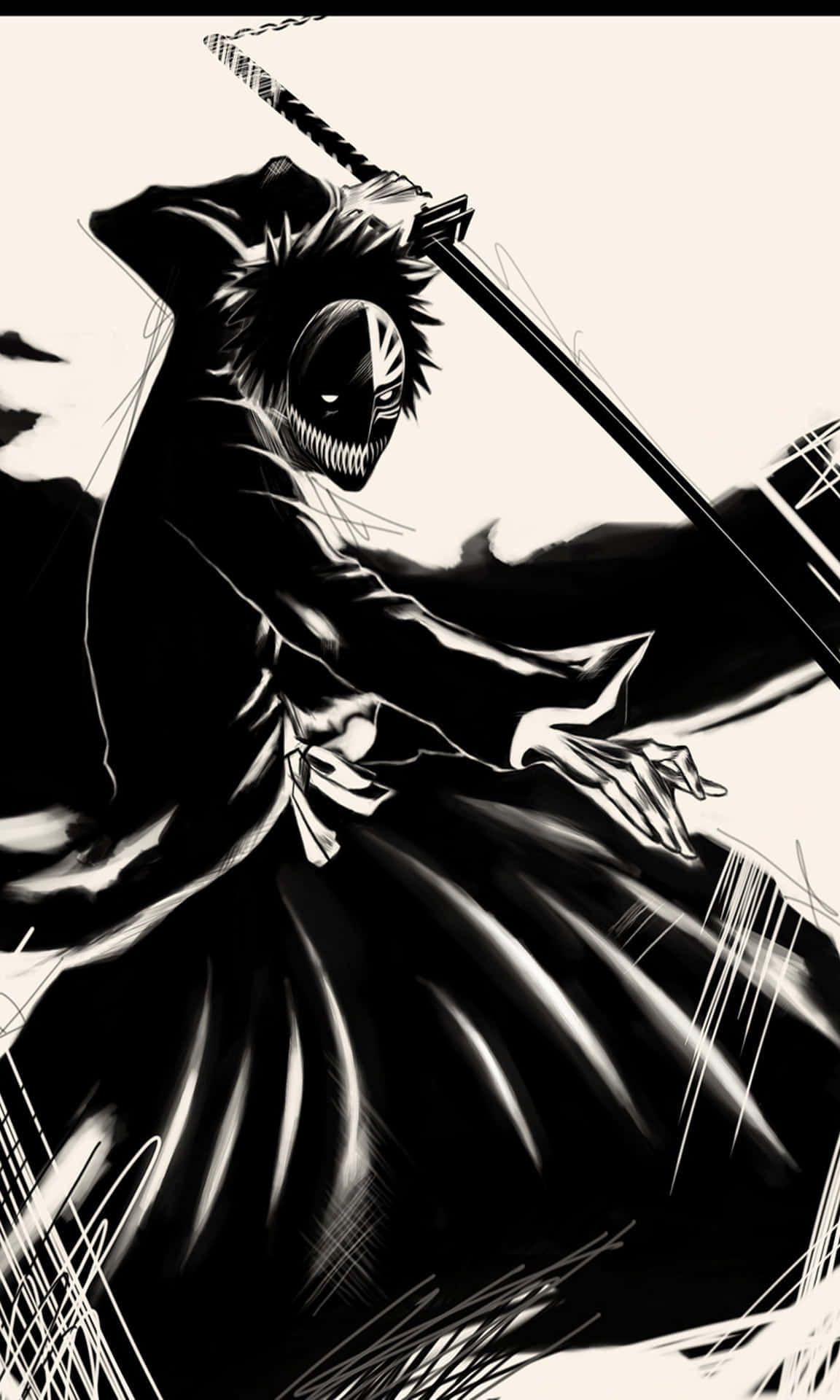 死神 桌布 壁紙 — 一個動態的黑白動漫戰士，身穿飄逸長袍，在純色背景上揮舞劍，帶有強烈的動作線條。