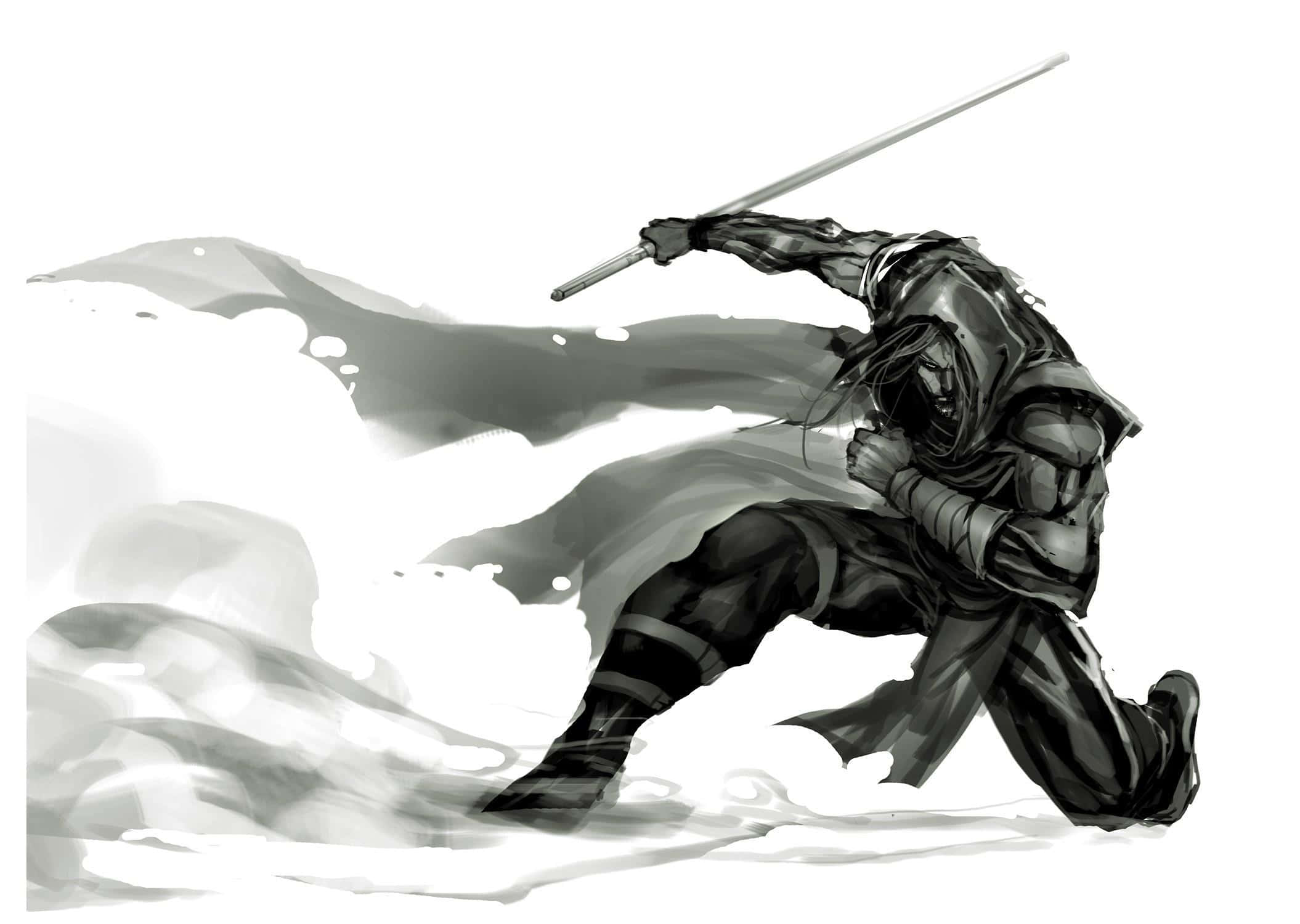 Black And White Samurai 桌布 壁紙 — 一個動態的黑白動漫戰士揮劍向前斬，飄逸的斗篷和動態模糊傳達出強烈的動作感。