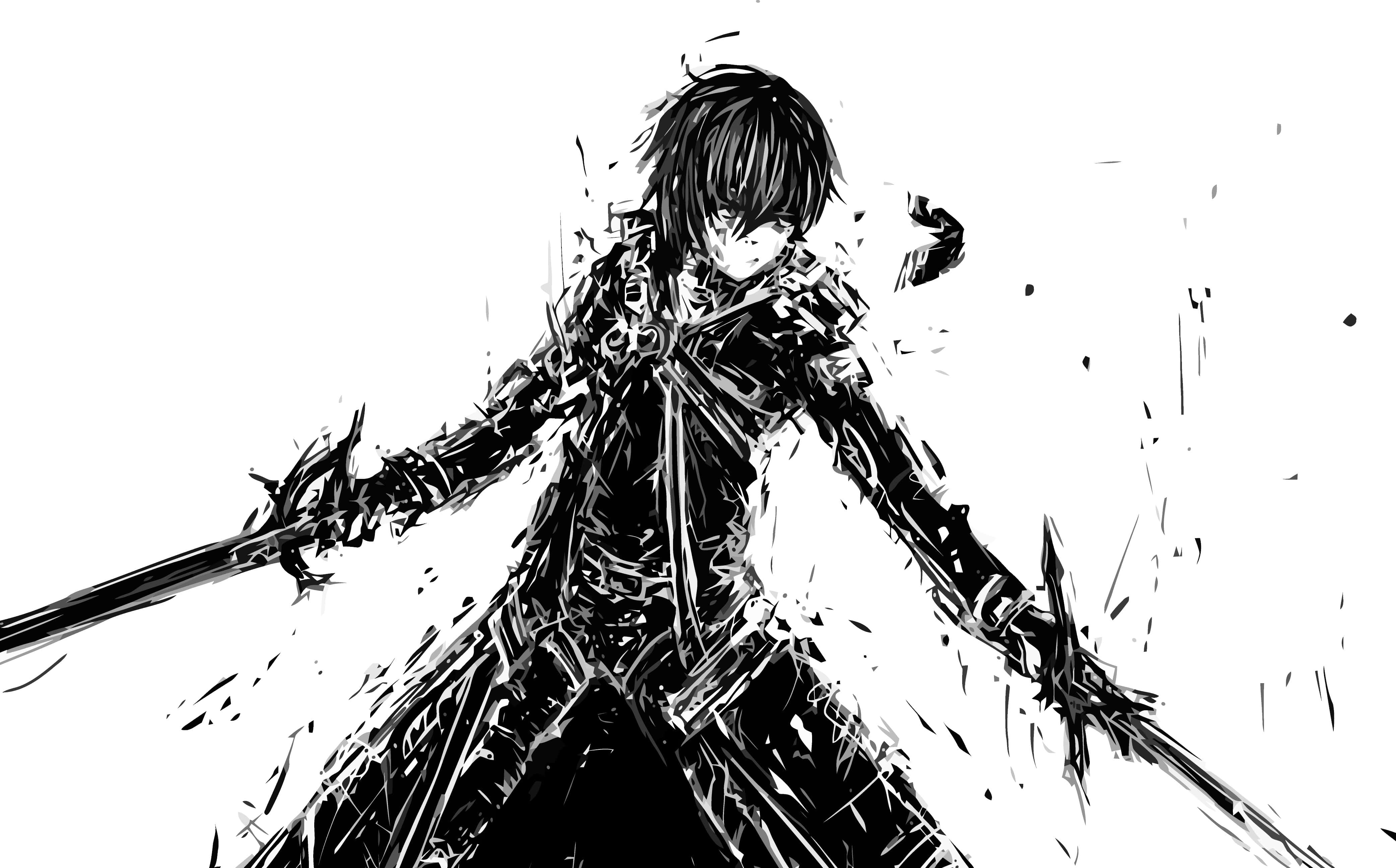 Kazuto Kirigaya 桌布 壁紙 — 一個動態的黑白動漫戰士揮舞著兩把劍，強烈的動作線條從他的身體輻射出來。