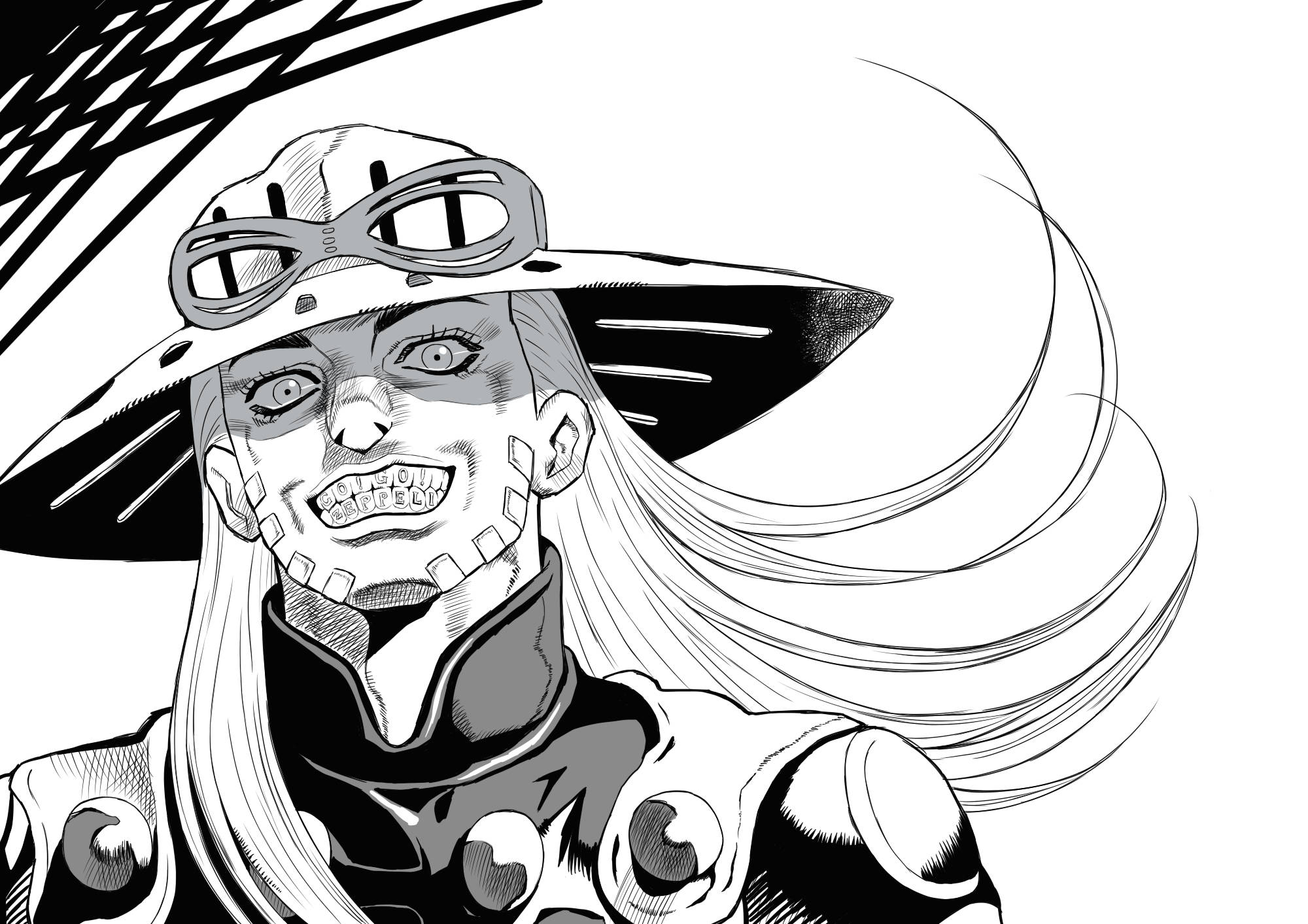 Gyro Zeppeli 桌布 壁紙 — 一個動態的黑白動漫角色，咧嘴大笑，頭髮飄逸，戴著護目鏡和頭盔。