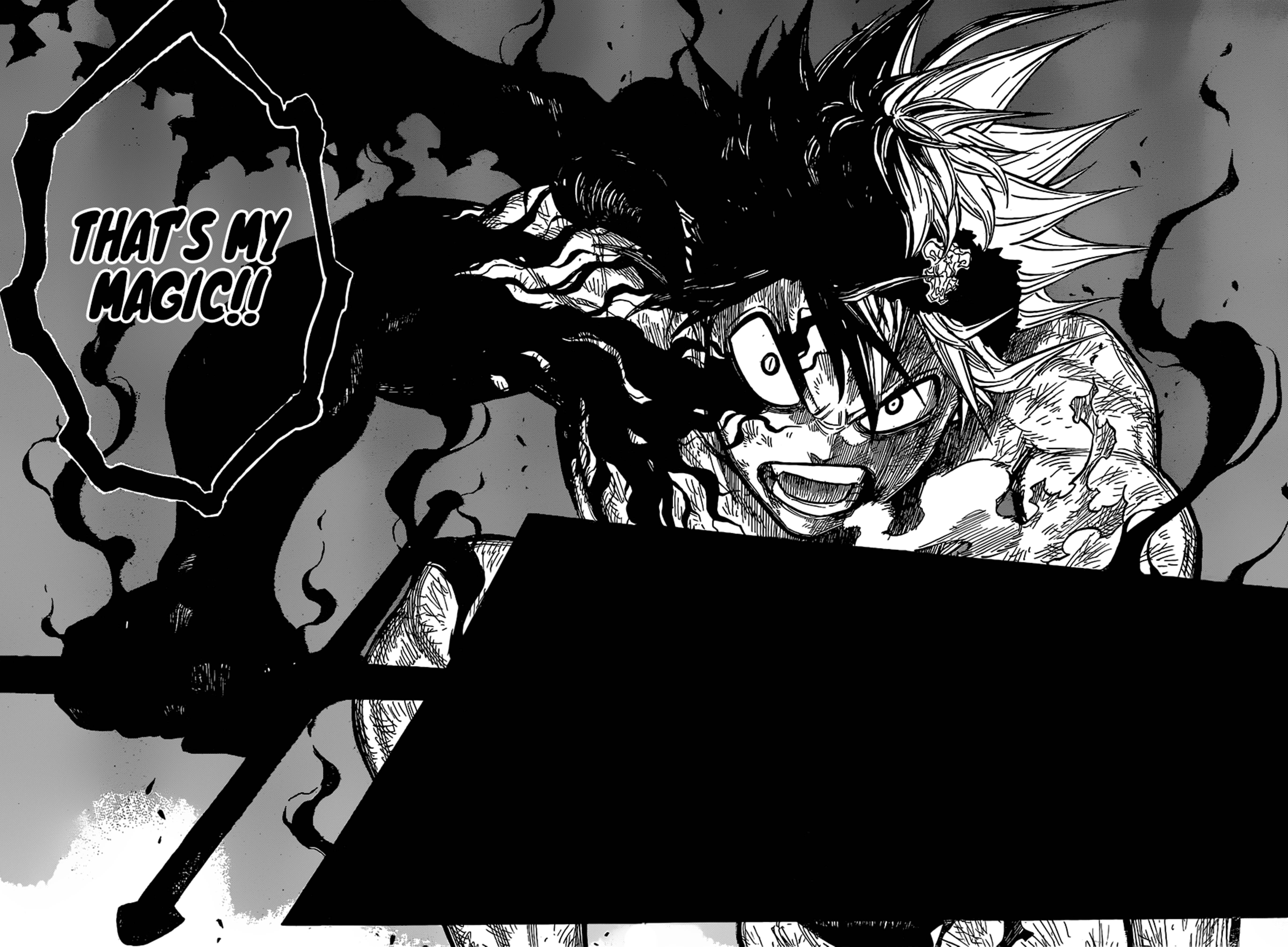 Black Clover Anime 桌布 壁紙 — 一個動態的黑白動漫角色，擁有尖刺頭髮和刺青，在黑暗觸手纏繞的同時，以強烈的能量咆哮。