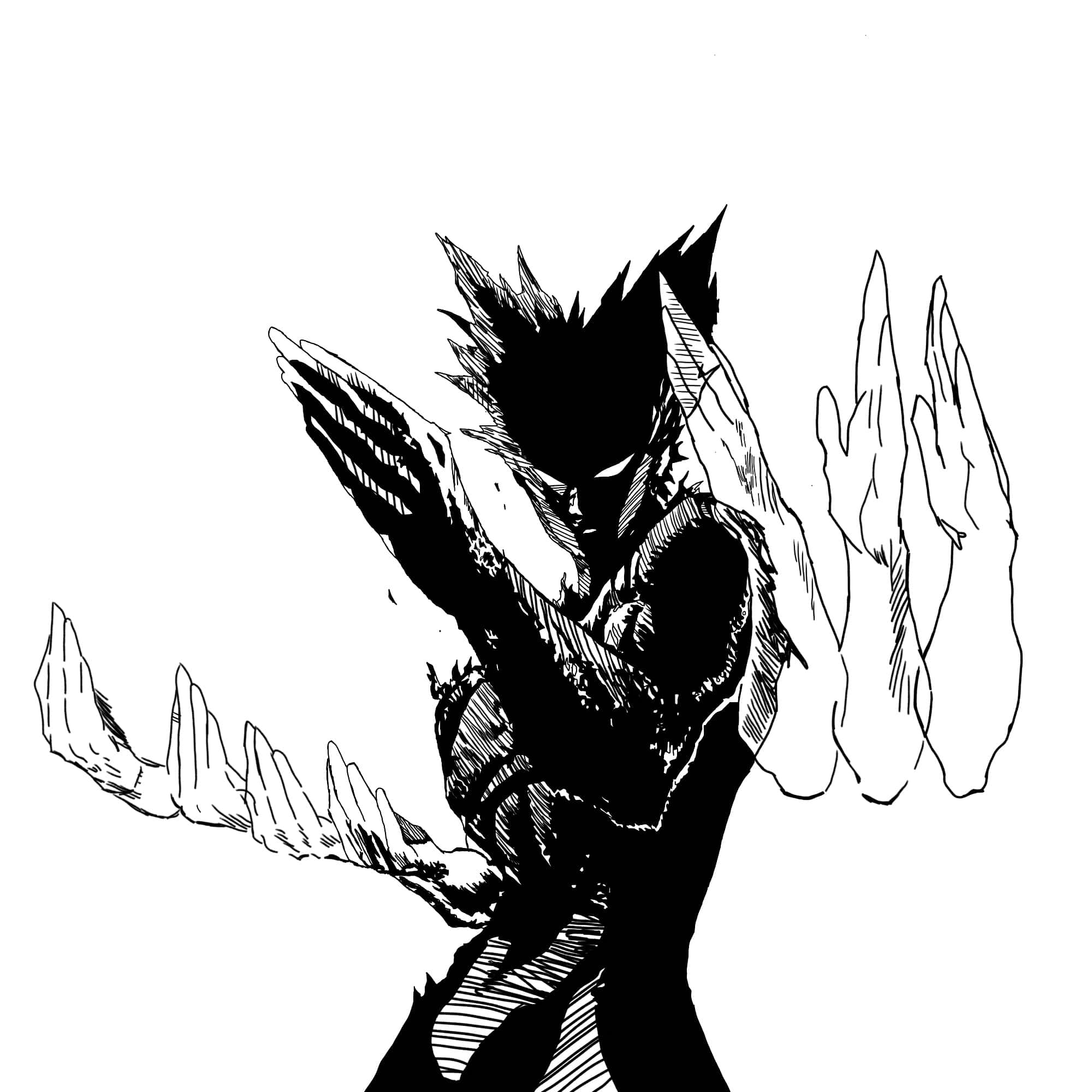 Garou 桌布 壁紙 — 一個動態的黑白動漫角色，擁有尖刺頭髮和利爪手，擺出強而有力的姿勢。