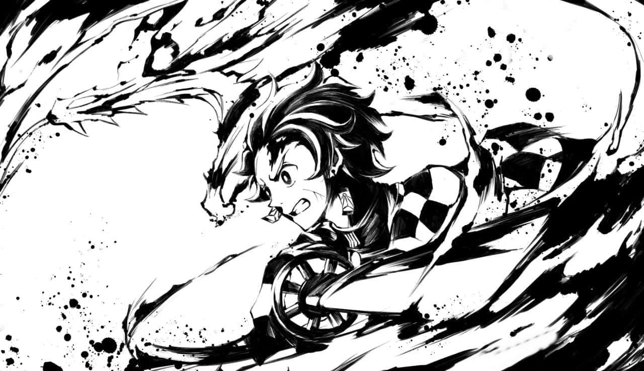Demon Slayer Manga 桌布 壁紙 — 一個動態的黑白動漫角色，擁有狂野的頭髮和格子服裝，騎著摩托車穿過旋轉的動作線條。
