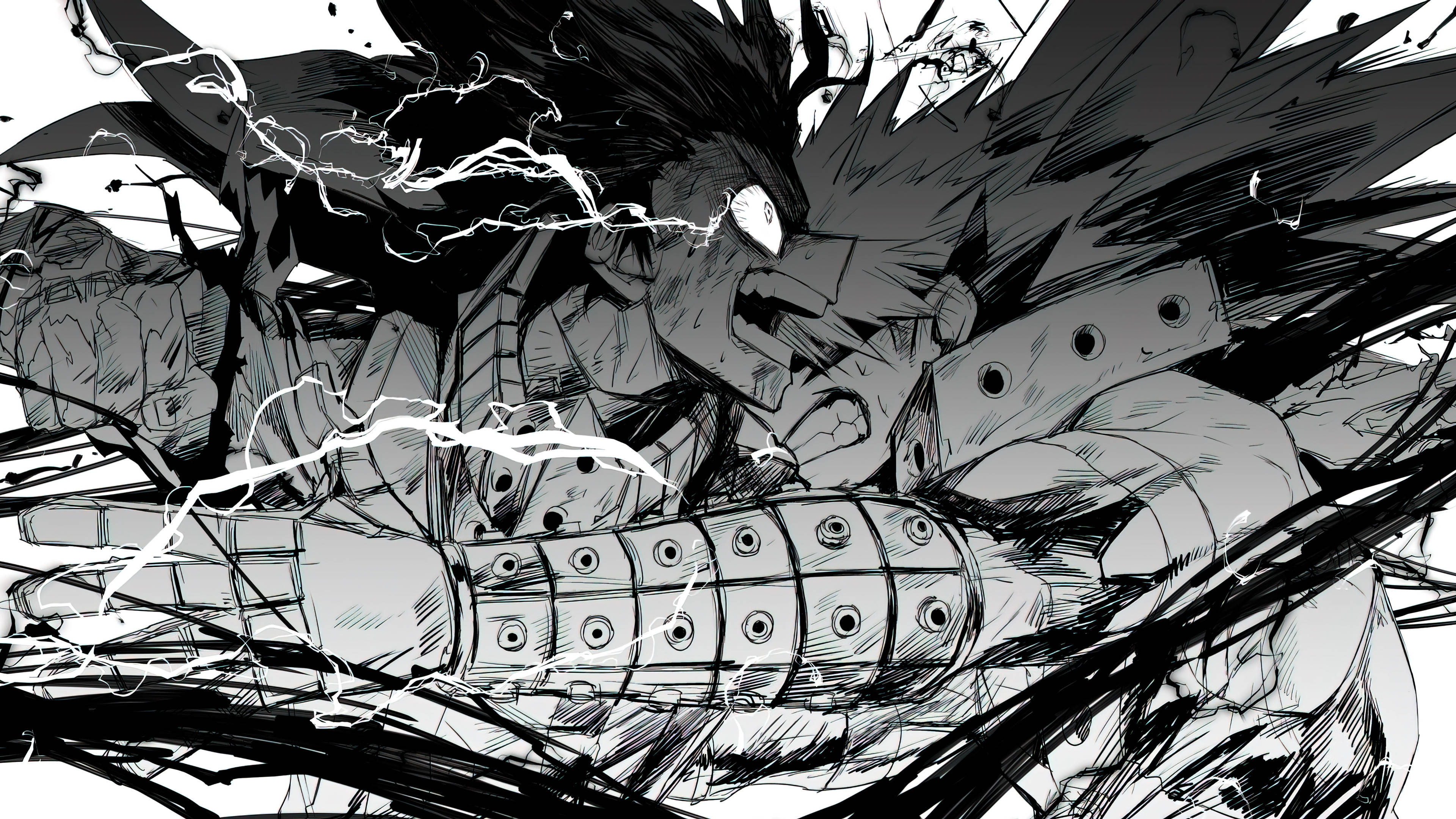 Villain 桌布 壁紙 — 一個動態的黑白動漫角色，有著尖刺頭髮和閃電在他緊握的拳頭周圍劈啪作響，擺出激烈的戰鬥姿勢。