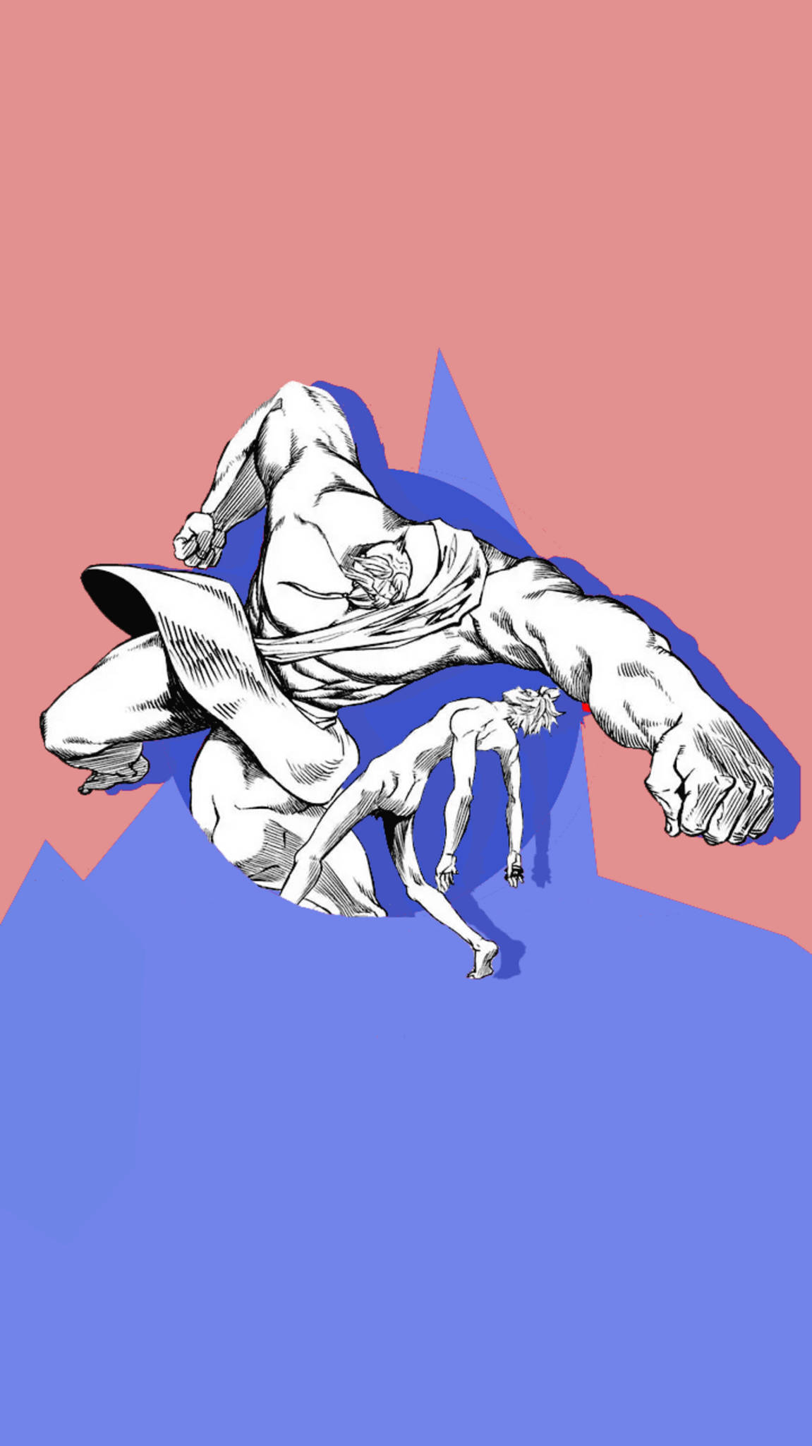 record 桌布 壁紙 — 一個動態的黑白插圖，描繪一個肌肉發達的人物在鮮豔的粉紅色和藍色幾何背景上移動。