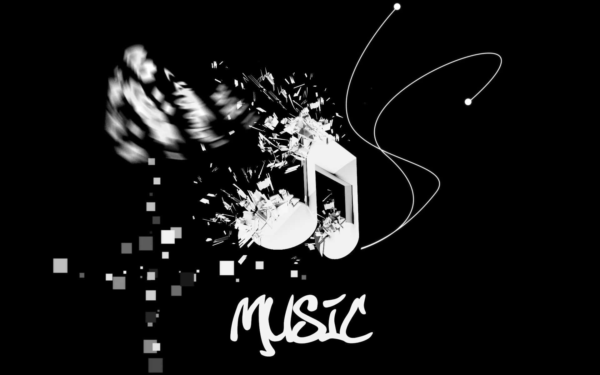Black And White Music 桌布 壁紙 — 一個動態的黑白數位插圖，描繪一個破碎的音符在黑暗背景上爆炸，帶有像素碎片和動態軌跡。