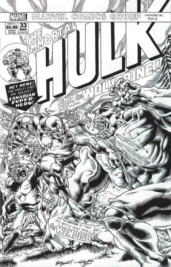 Marvel Black And White 桌布 壁紙 — 一個動態的黑白漫畫封面顯示了不朽浩克和金剛狼與溫迪戈進行了一場殘酷的戰鬥。