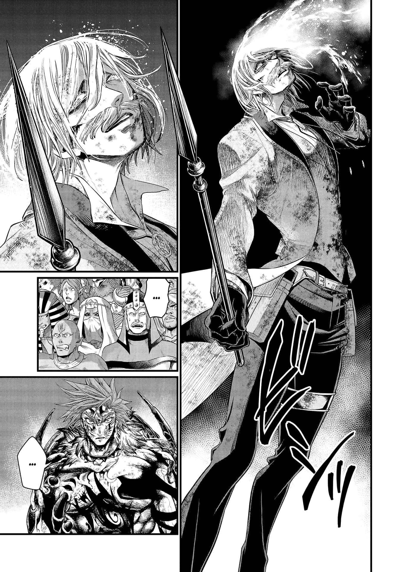 Record Of Ragnarok 桌布 壁紙 — 一個動態的黑白漫畫面板展示了一個堅定的戰士拿著長矛，在戲劇性的戰鬥場景中面對一個怪物般的對手。