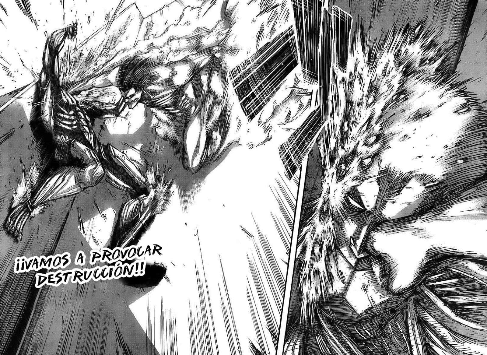 Aot Manga 桌布 壁紙 — 一個動態的黑白漫畫面板顯示一個巨大的人形角色帶著爆炸性的動作線條和一個喊叫的對話氣泡向前衝。