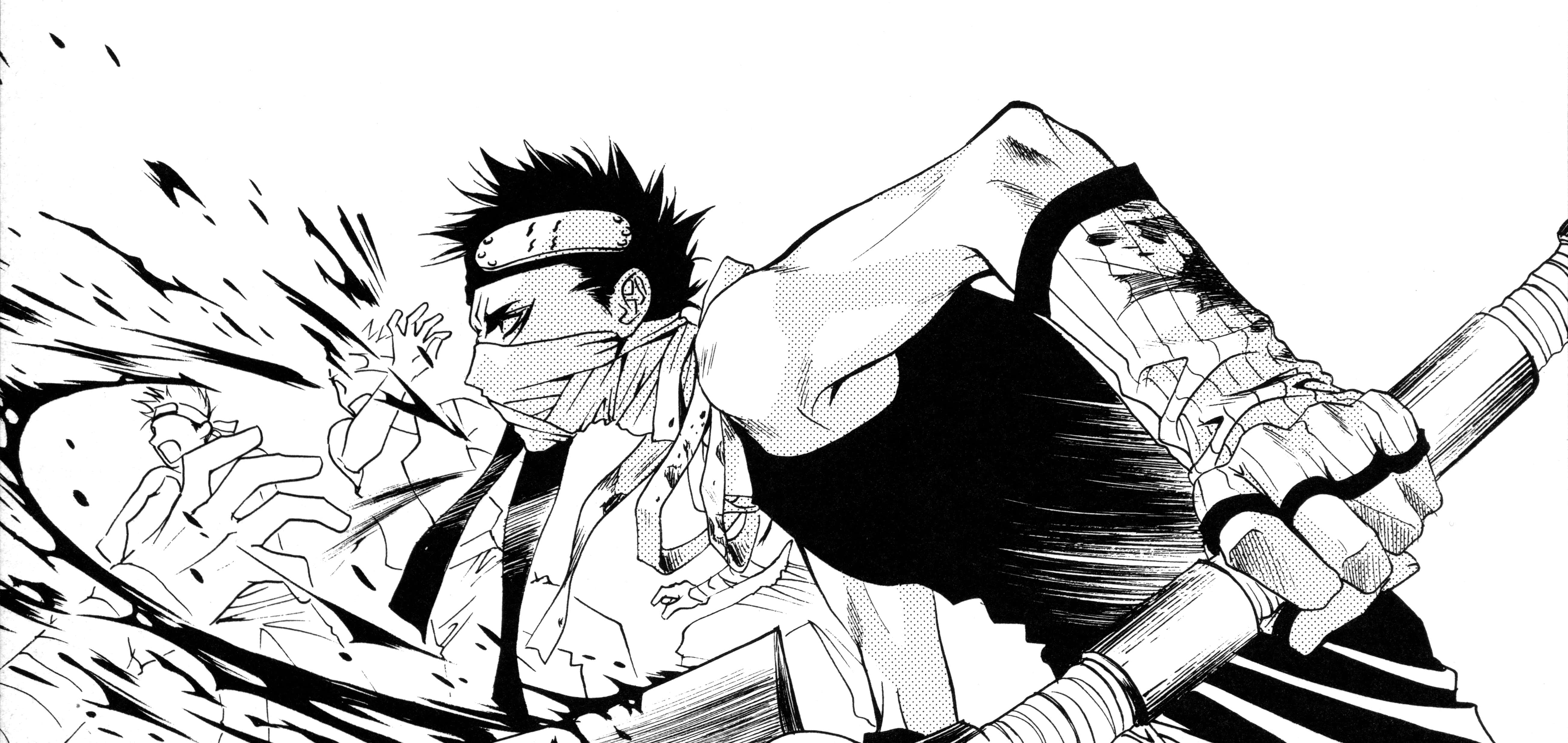 Zabuza Momochi 桌布 壁紙 — 一個動態的黑白漫畫面板顯示一個戴面具的戰士正在揮動大型武器，將對手擊飛穿過爆炸性的動作線條。