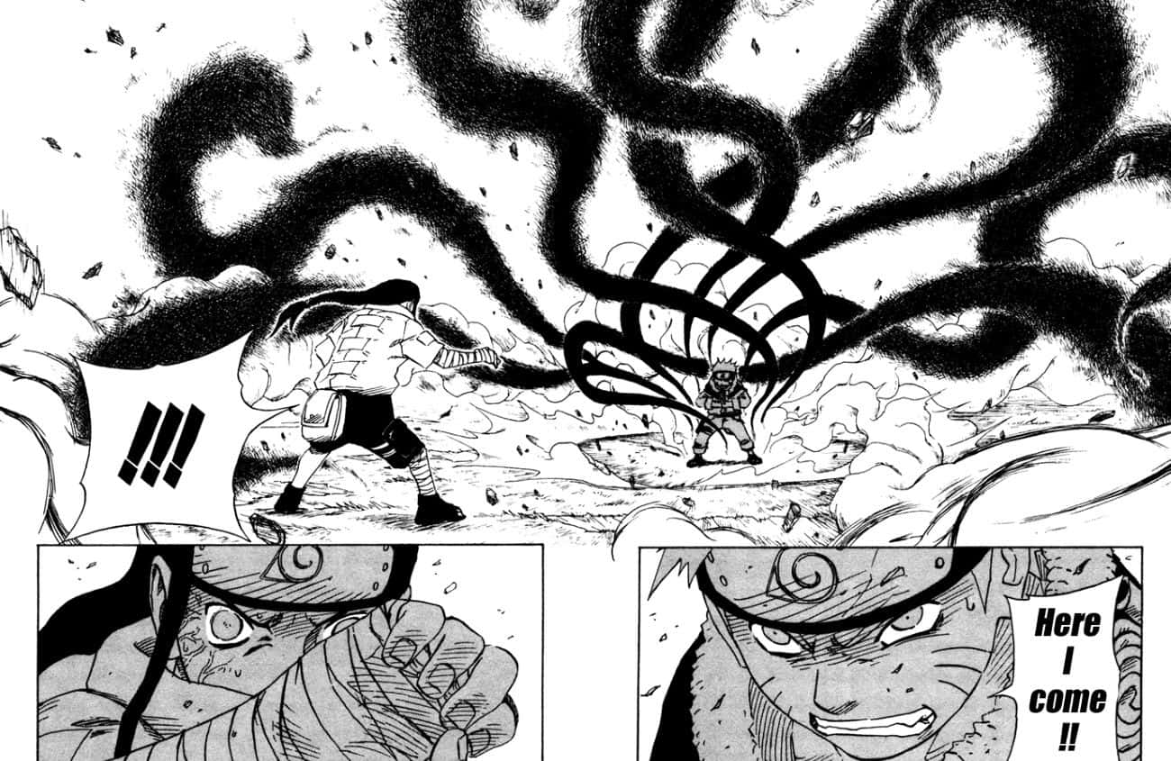 Naruto Nine Tails 桌布 壁紙 — 一個動態的黑白漫畫面板顯示一名忍者向對手釋放巨大的旋轉黑色查克拉攻擊。