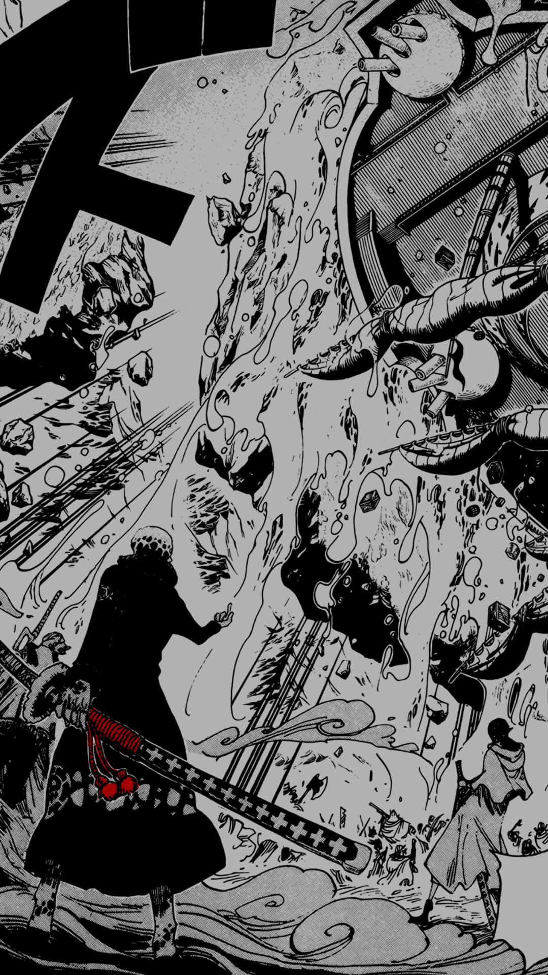 Manga Pages 桌布 壁紙 — 一個動態的黑白漫畫面板顯示一名戰士在爆炸混亂和墜落的碎片中揮舞著劍。