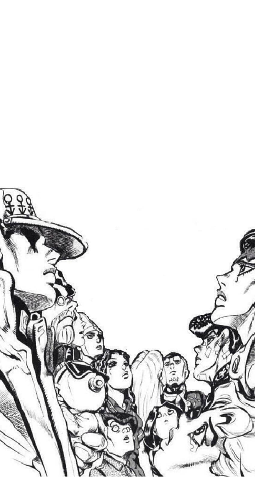 Jojo Phone 桌布 壁紙 — 一個動態的黑白漫畫面板顯示兩個主角在背景中有一群旁觀者的情況下對峙。