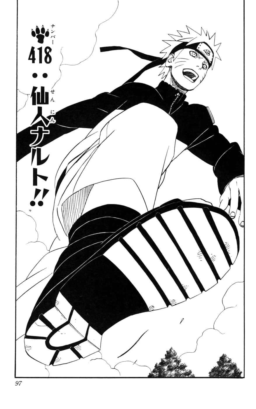 Naruto Manga 桌布 壁紙 — 一個動態的黑白漫畫面板顯示鳴人在空中帶著強烈的表情執行一個強力的踢擊。