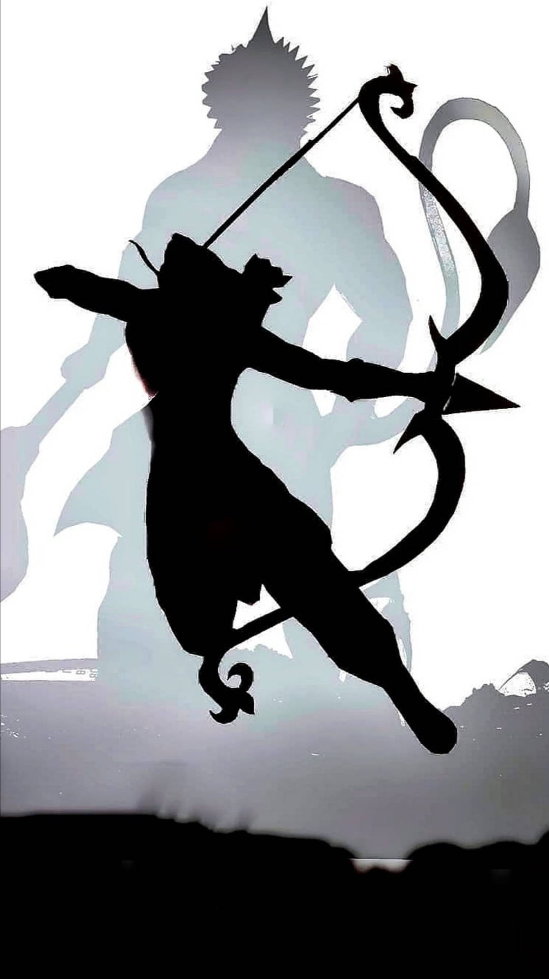 Silhouette 桌布 壁紙 — 一個動態的黑色剪影，呈現貓咪般的角色手持弓箭，背景是褪色的戰士陰影。